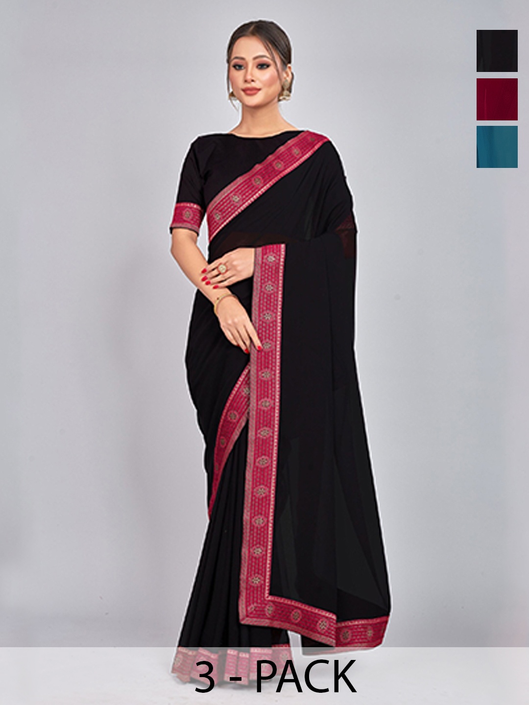 

CastilloFab Selection Of 3 Pure Georgette Sarees, Maroon