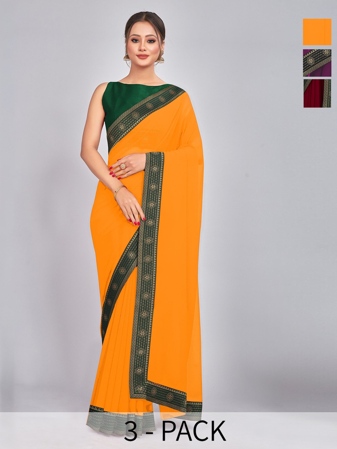 

CastilloFab Selection Of 3 Woven Design Pure Georgette Saree, Maroon