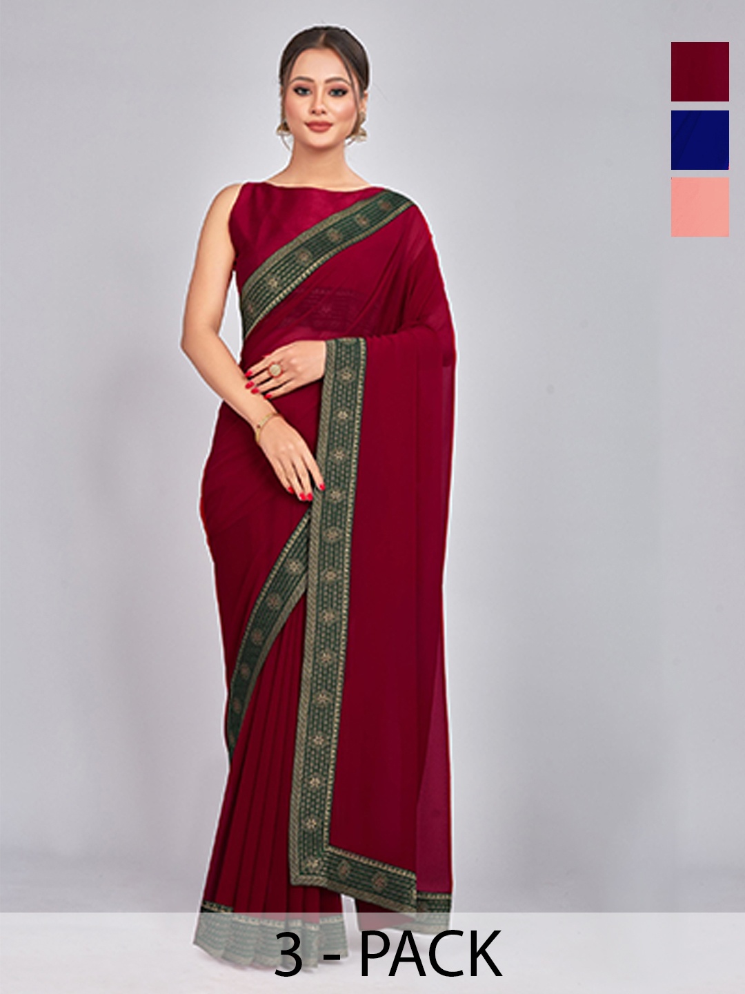 

CastilloFab Selection Of 3 Pure Georgette Sarees, Maroon