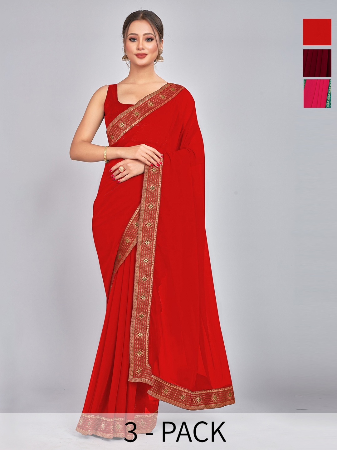 

CastilloFab Selection Of 3 Pure Georgette Sarees, Maroon