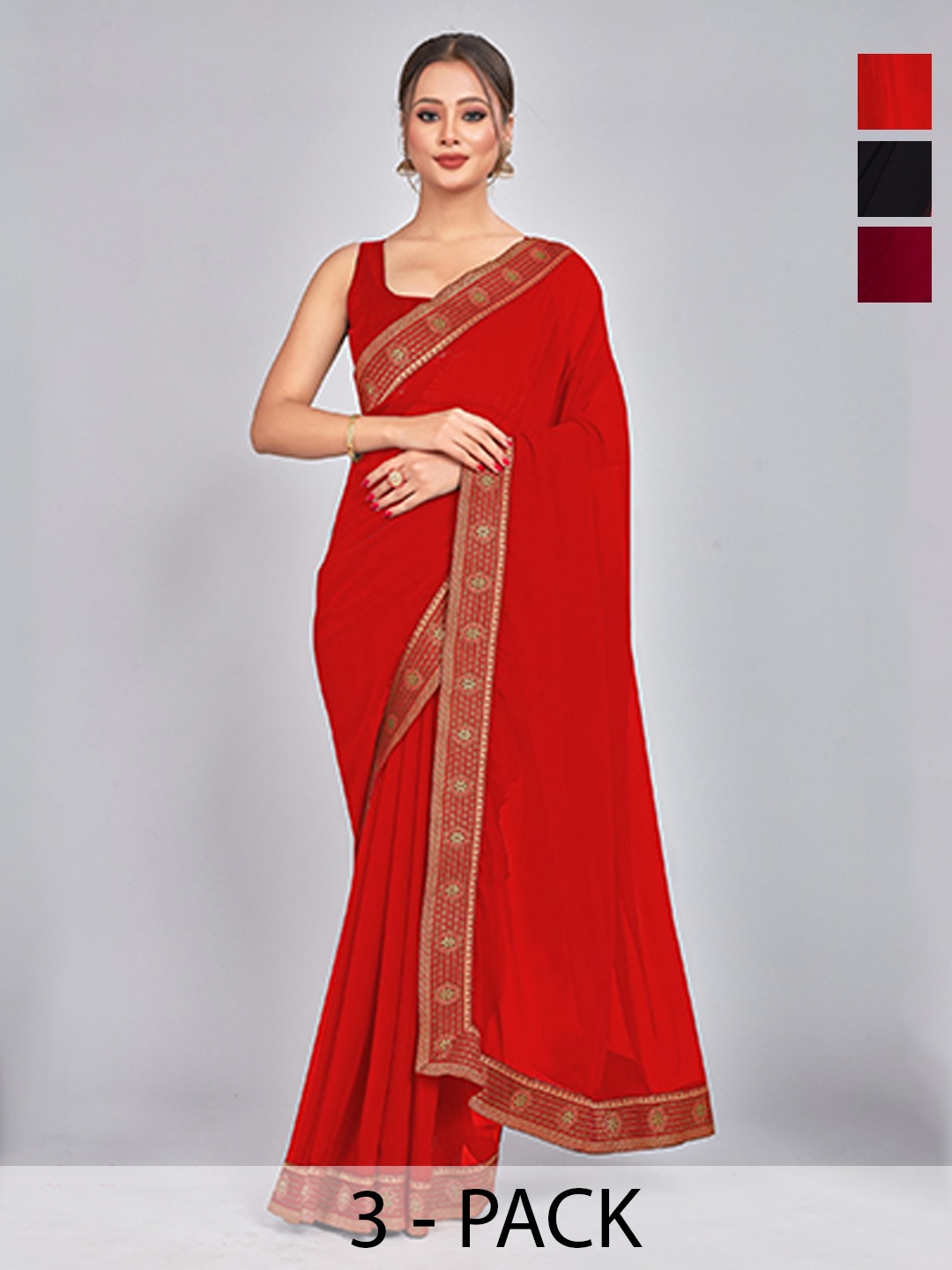 

CastilloFab Selection Of 3 Pure Georgette Sarees, Maroon