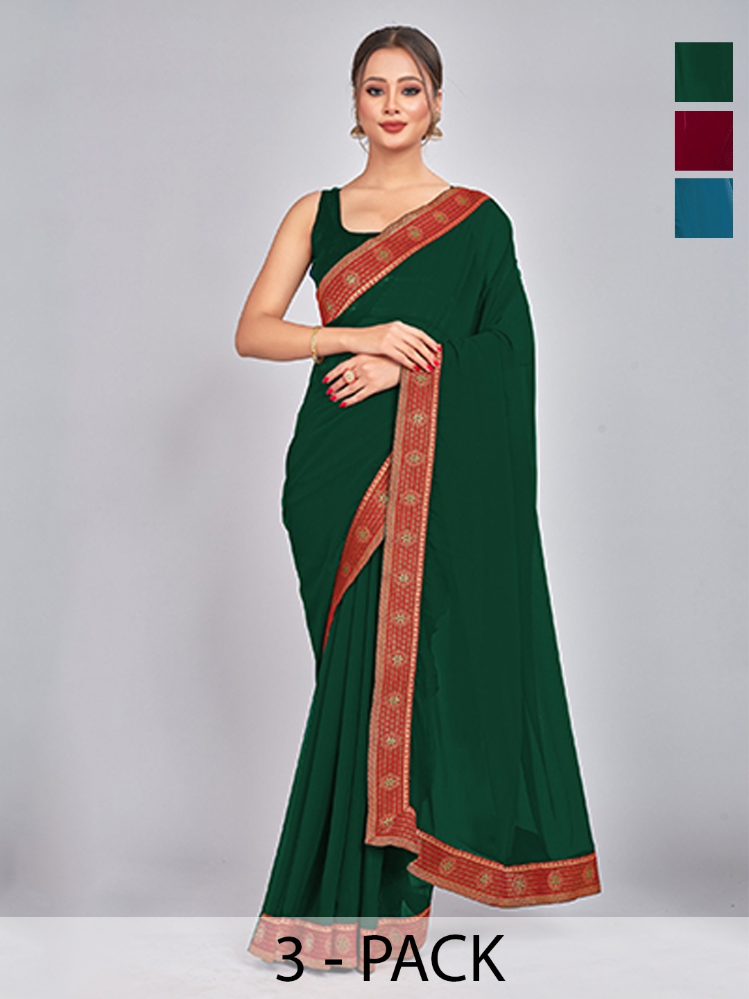 

CastilloFab Selection Of 3 Pure Georgette Saree, Maroon