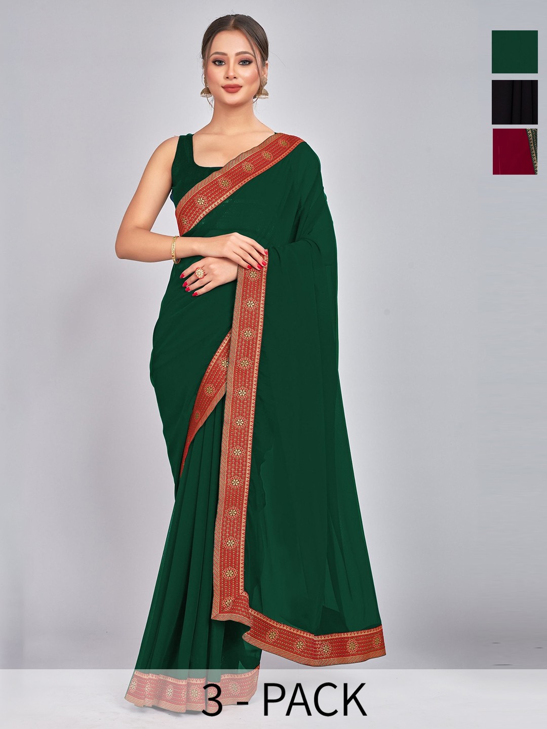 

CastilloFab Selection Of 3 Pure Georgette Sarees, Maroon