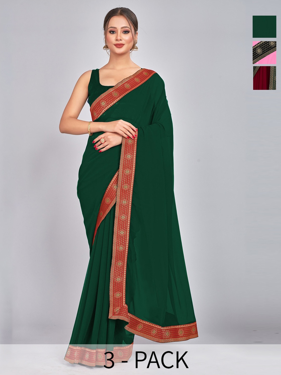 

CastilloFab Selection Of 3 Pure Georgette Sarees, Maroon