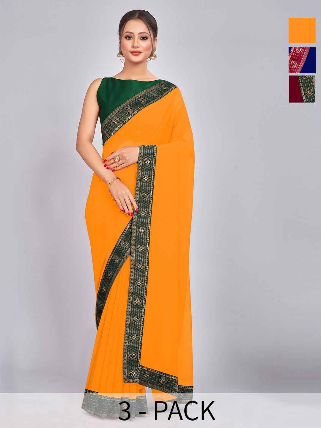 

CastilloFab Selection Of 3 Pure Georgette Sarees, Maroon