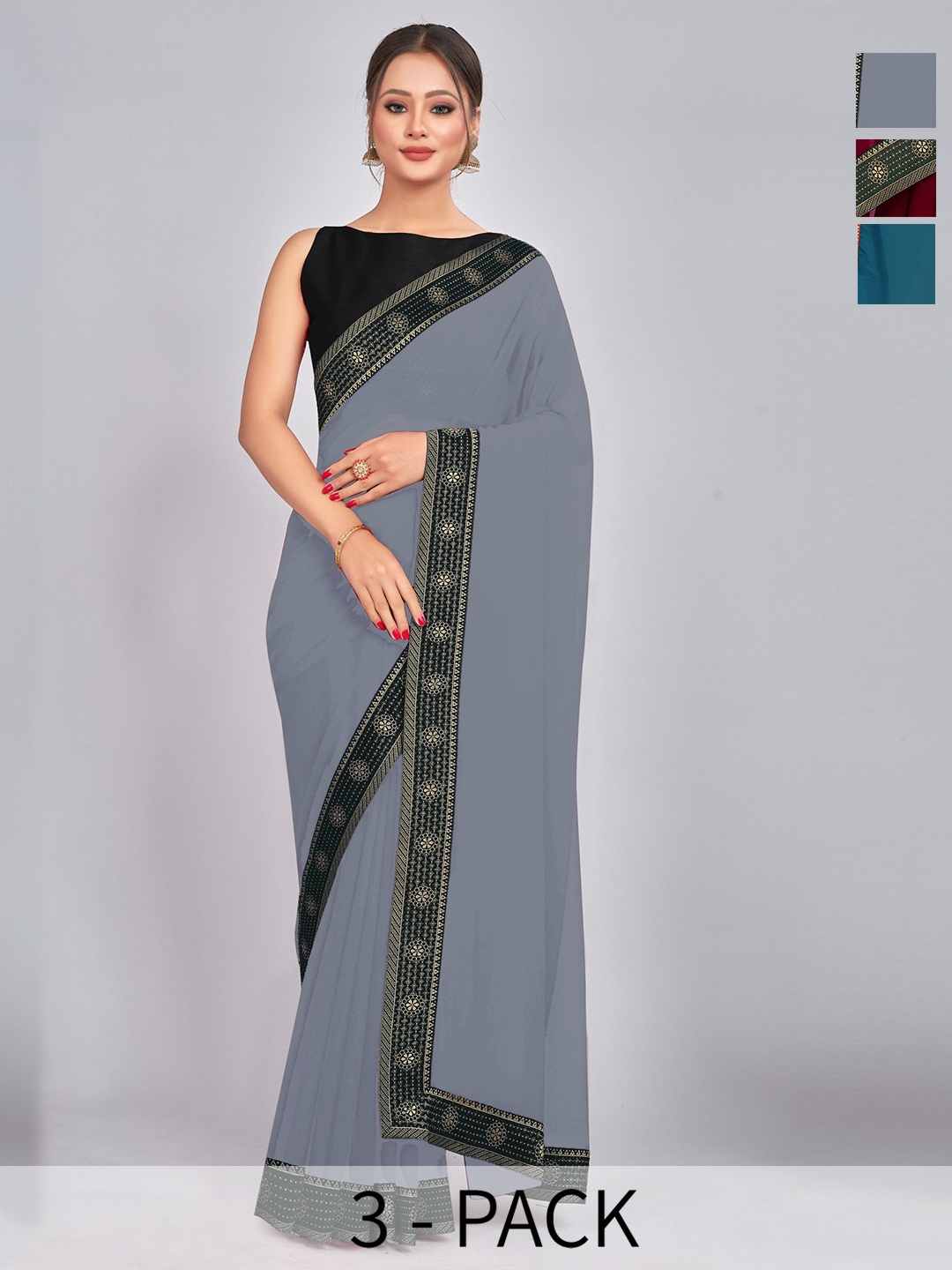 

CastilloFab Selection Of 3 Pure Georgette Sarees, Maroon