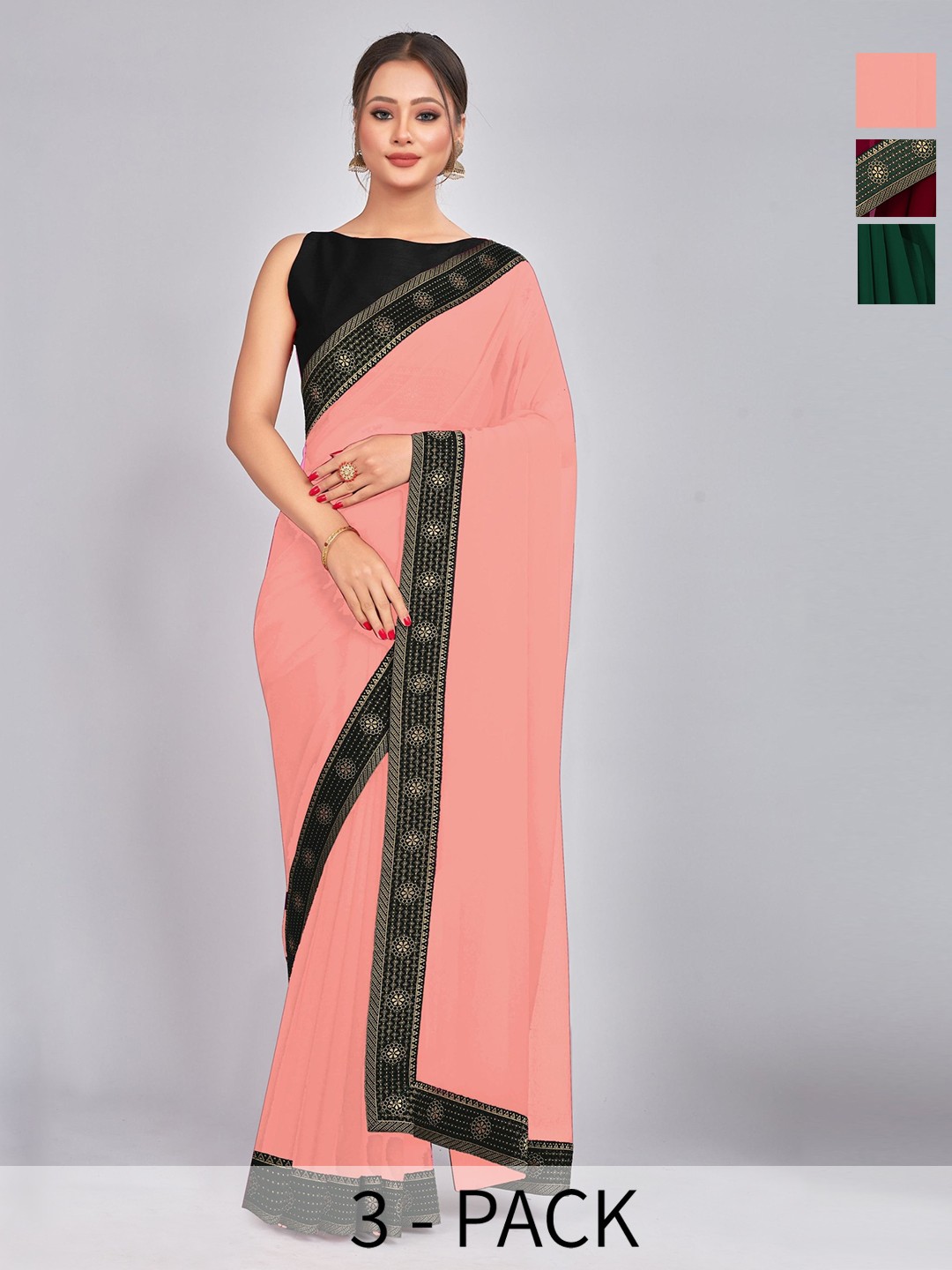

CastilloFab Selection Of 3 Pure Georgette Sarees, Maroon