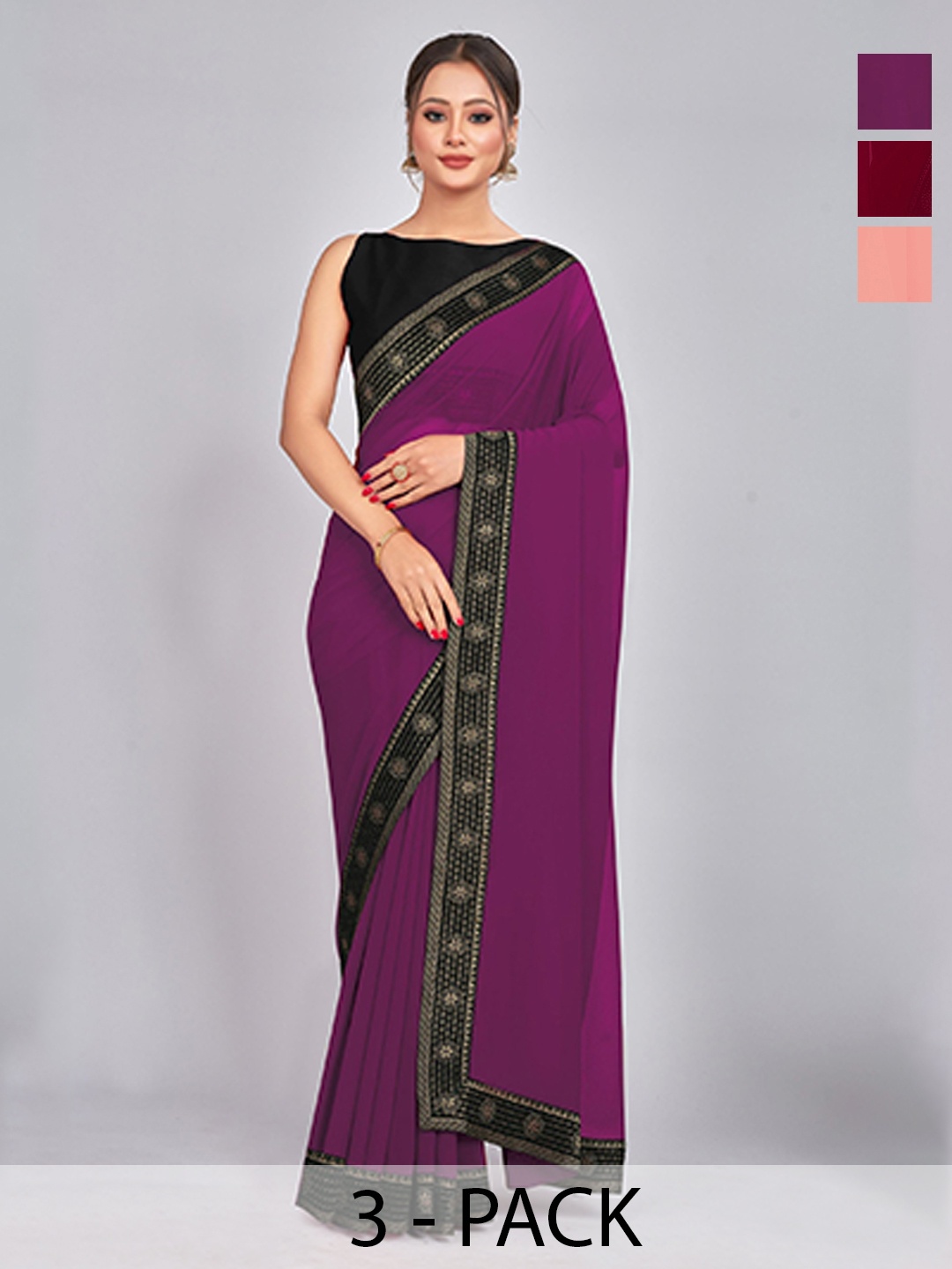 

CastilloFab Selection Of 3 Pure Georgette Saree, Maroon
