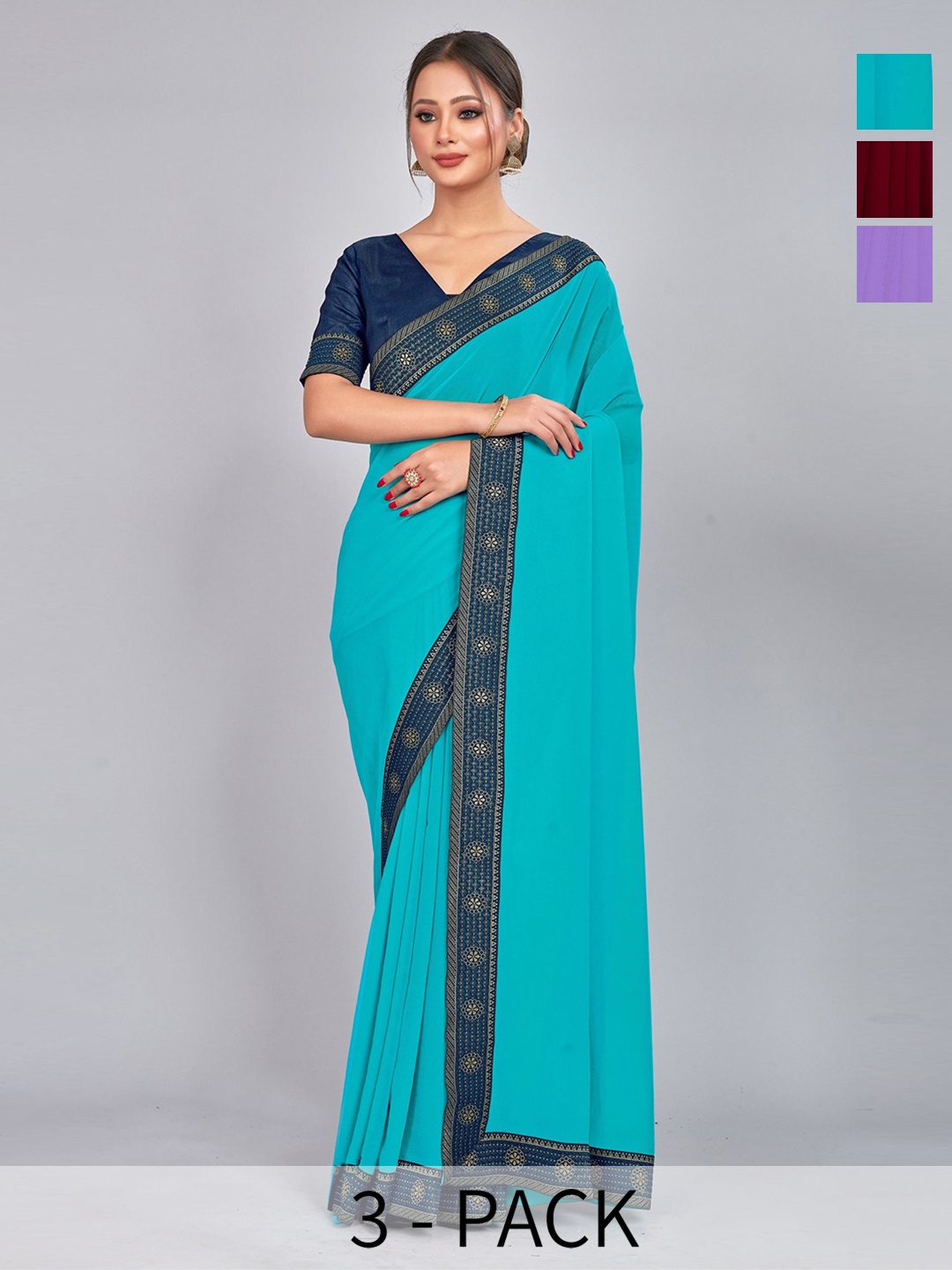 

CastilloFab Selection Of 3 Saree With Woven Design Border, Maroon