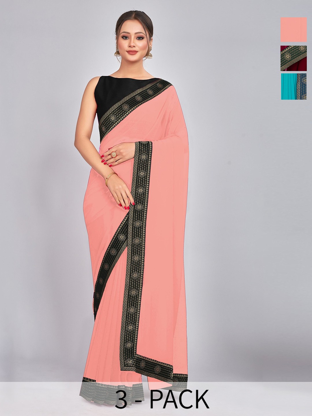 

CastilloFab Selection Of 3 Pure Georgette Sarees, Maroon