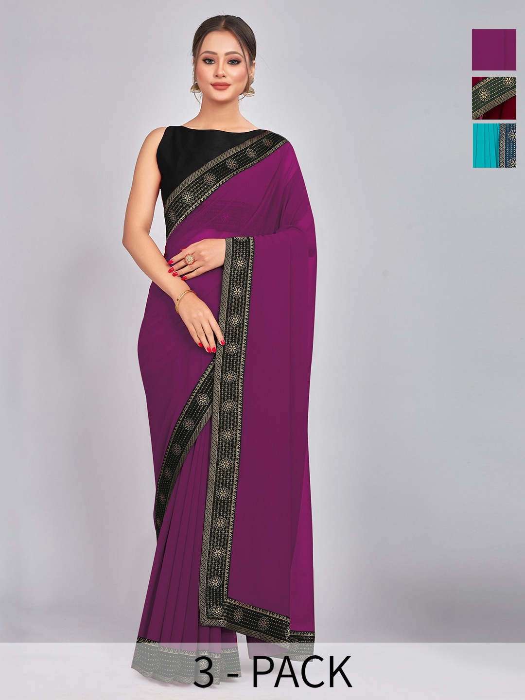 

CastilloFab Selection Of 3 Woven Design Pure Georgette Saree, Maroon