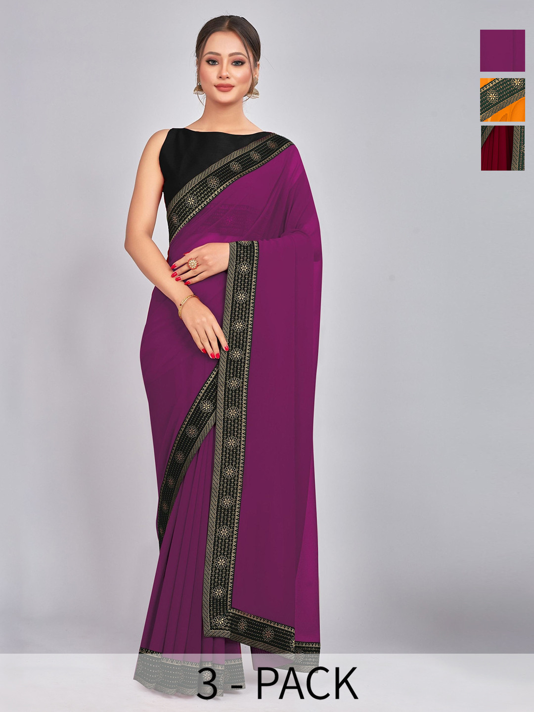 

CastilloFab Selection Of 3 Pure Georgette Saree, Maroon