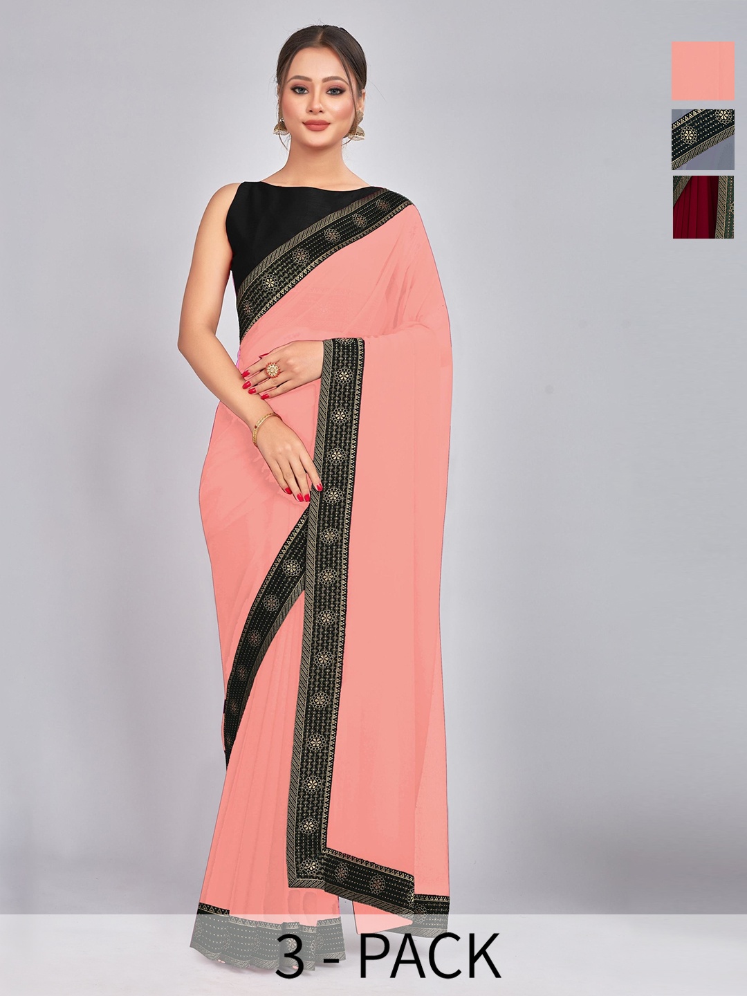 

CastilloFab Selection Of 3 Pure Georgette Sarees, Maroon