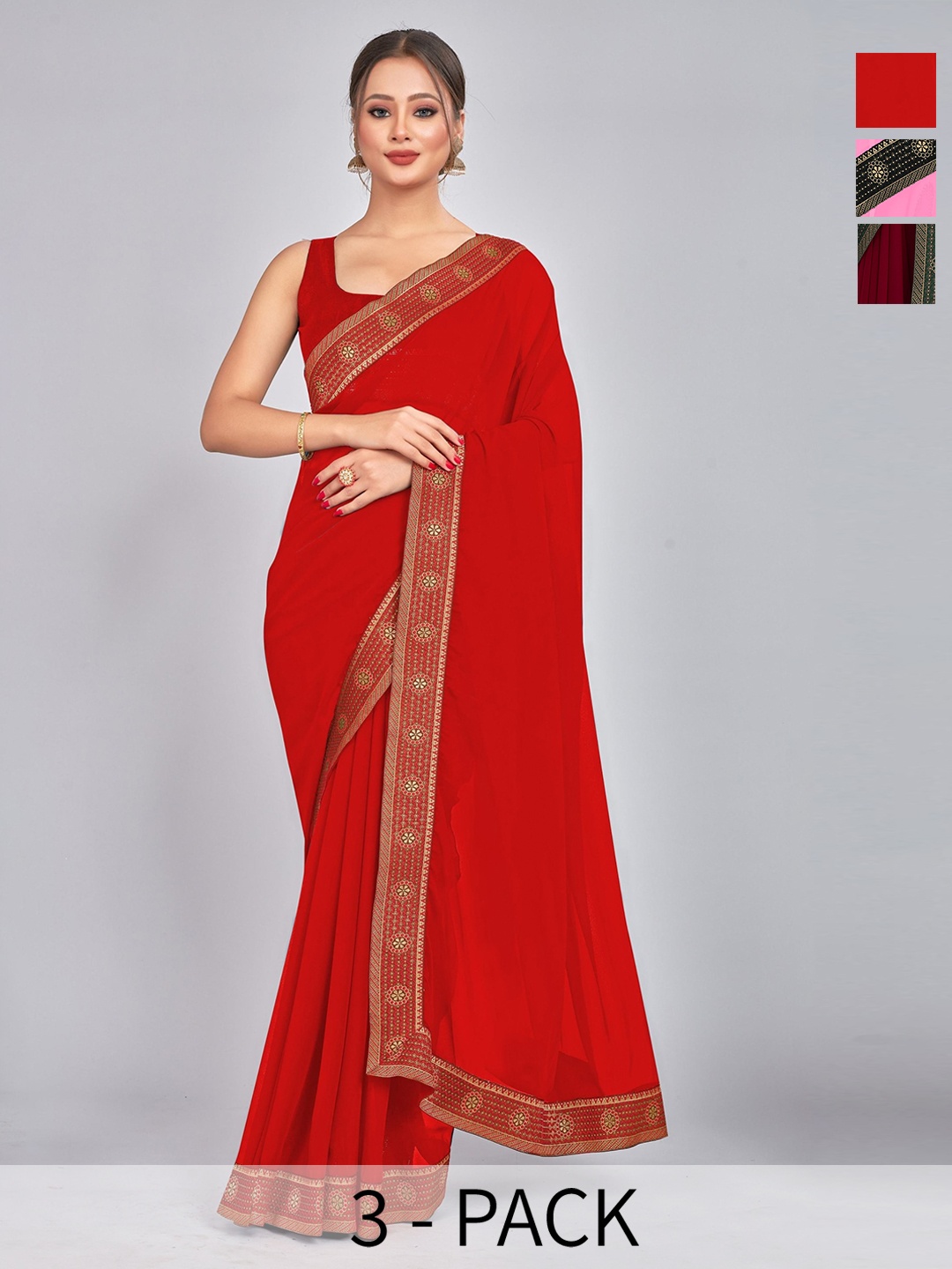 

CastilloFab Selection Of 3 Woven Design Pure Georgette Saree, Maroon