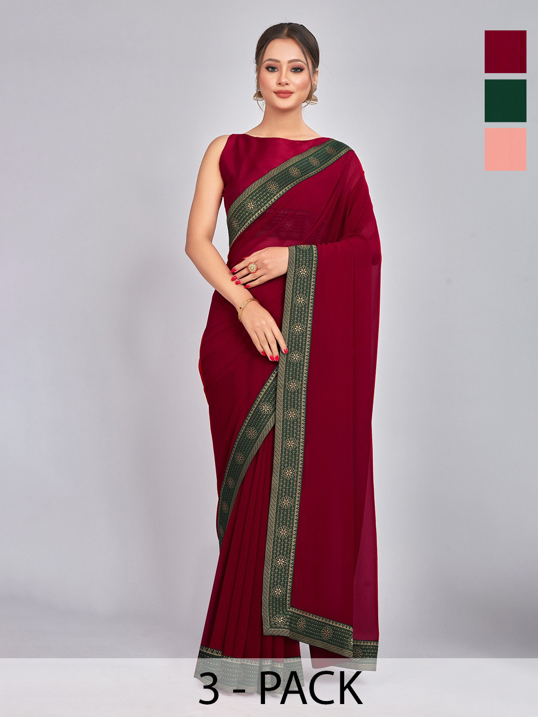 

CastilloFab Selection Of 3 Pure Georgette Saree, Maroon