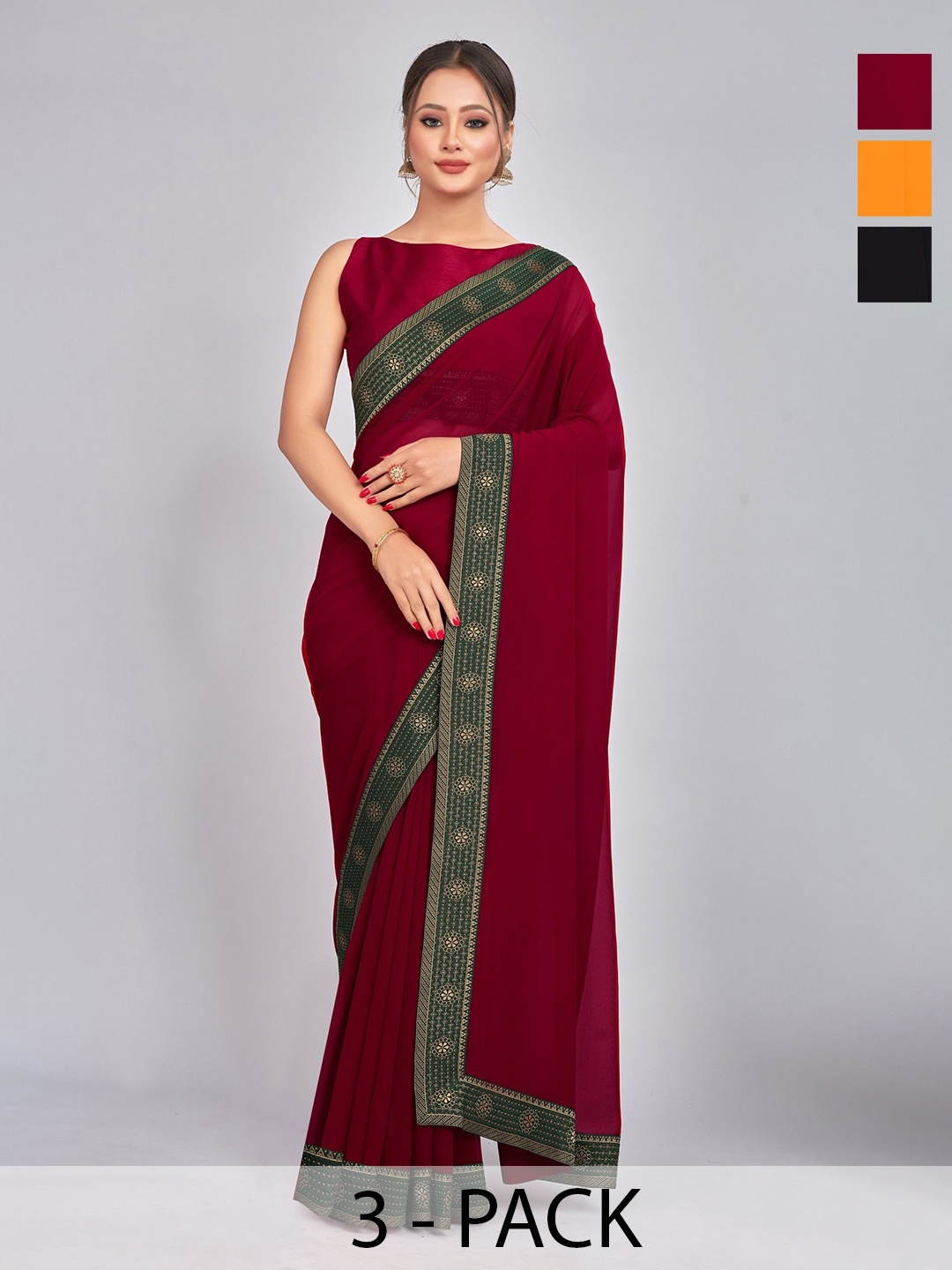 

CastilloFab Selection Of 3 Pure Georgette Sarees, Mustard