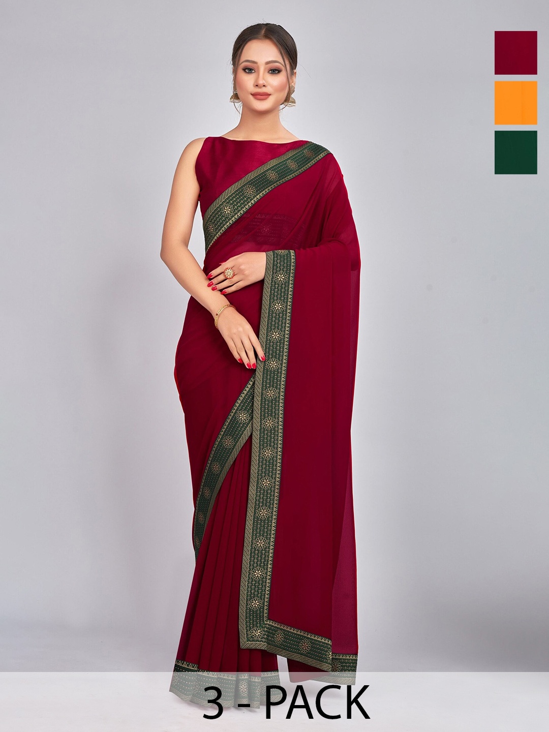 

CastilloFab Selection Of 3 Woven Design Pure Georgette Saree, Maroon
