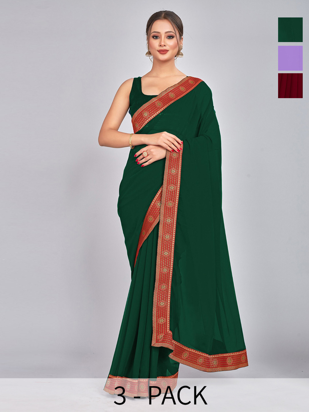 

CastilloFab Selection Of 3 Pure Georgette Sarees, Maroon