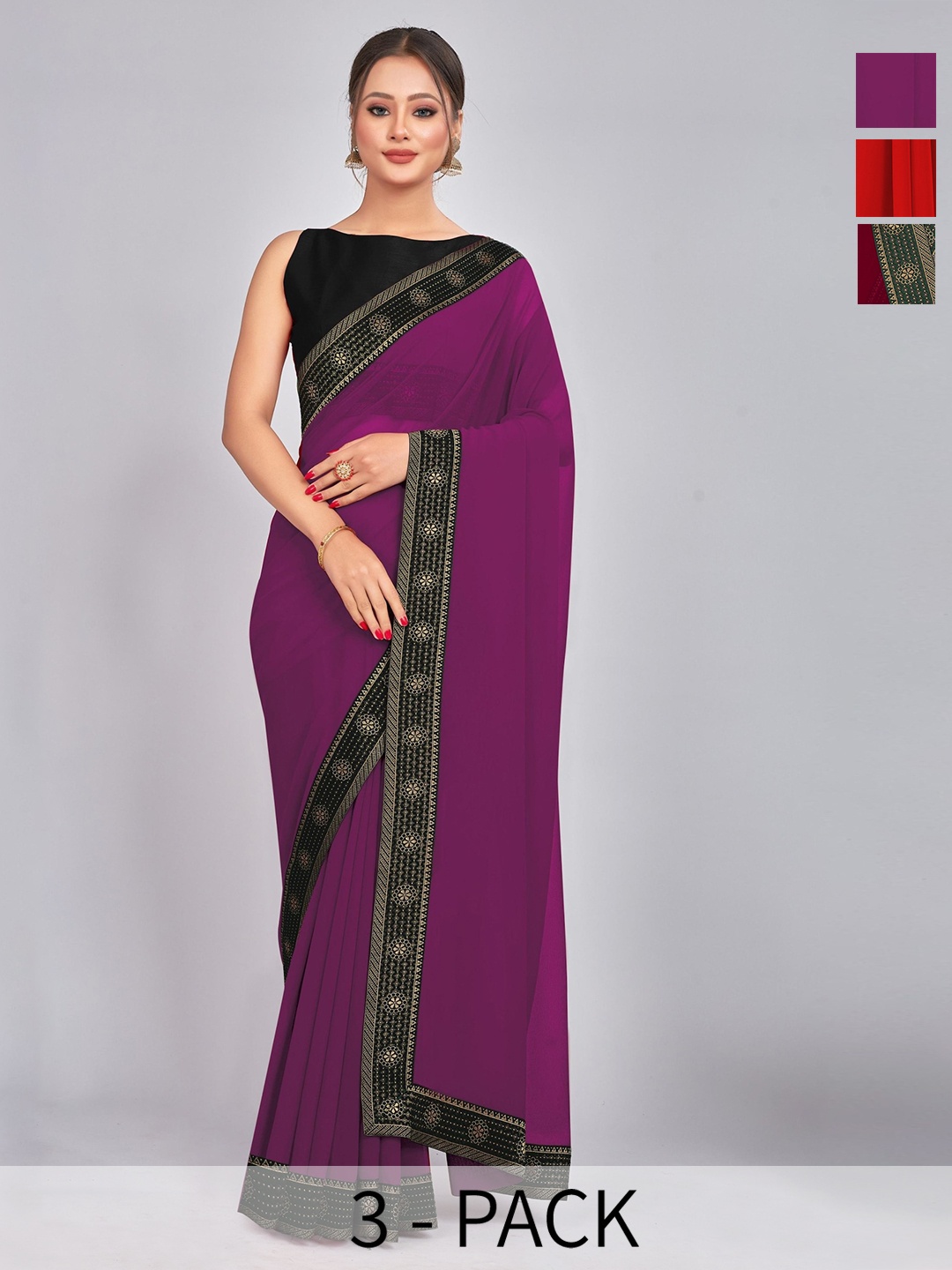 

CastilloFab Selection Of 3 Pure Georgette Saree, Maroon