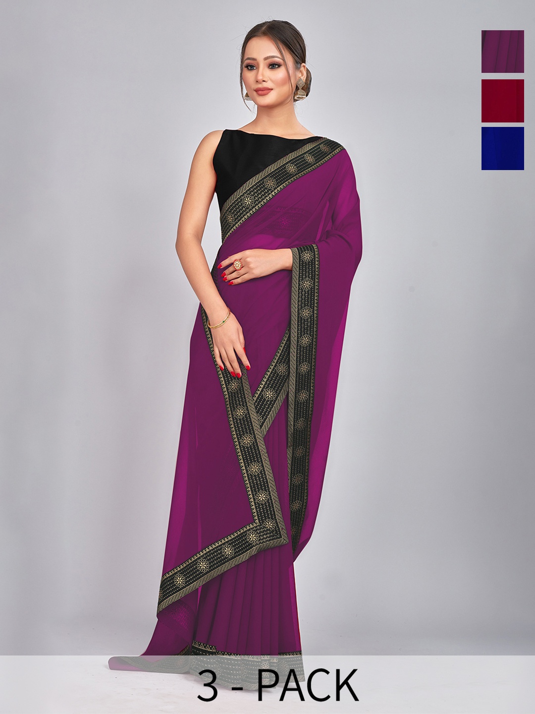 

CastilloFab Selection Of 3 Pure Georgette Sarees, Maroon
