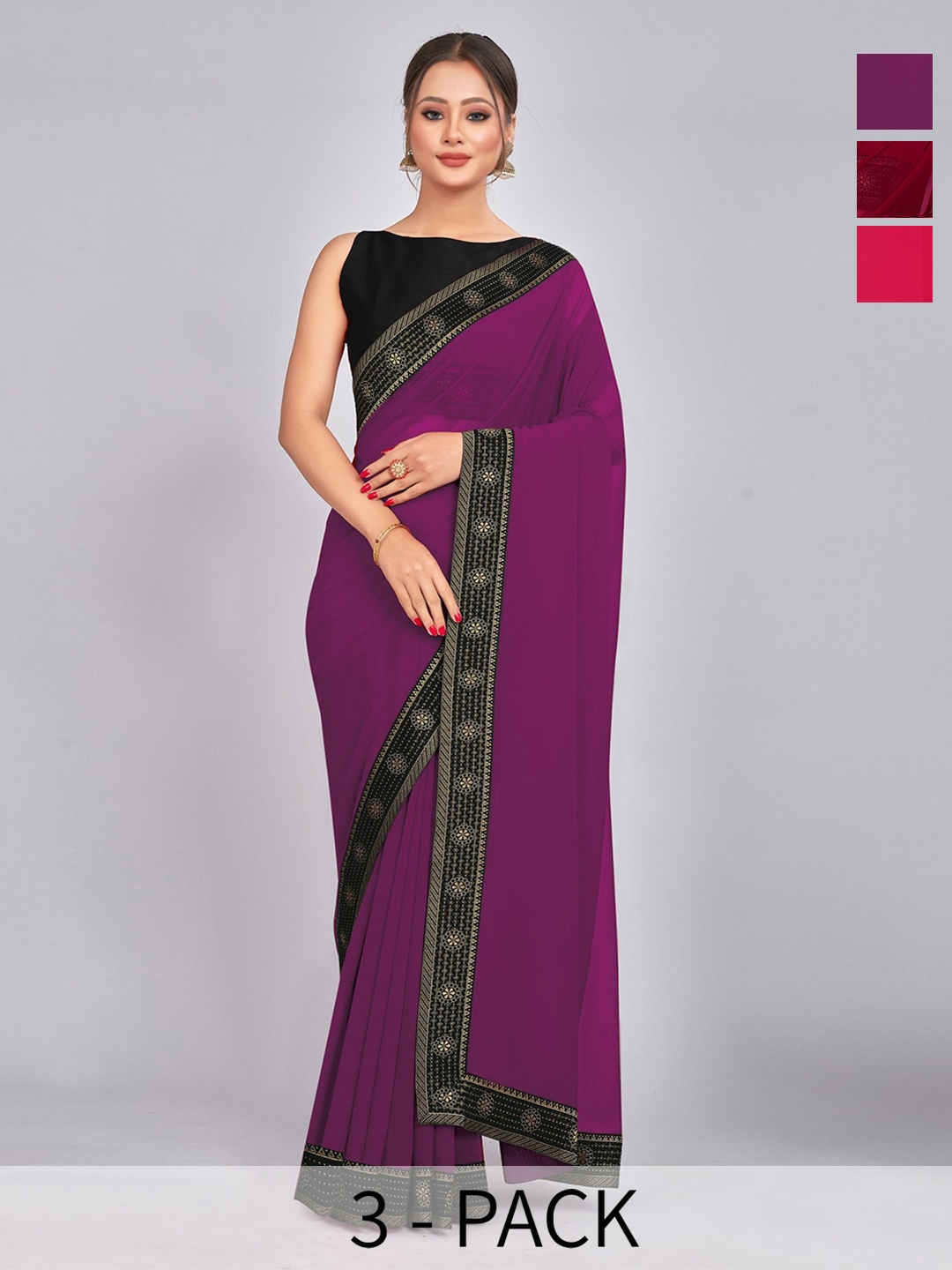 

CastilloFab Seleciton of 3 Pure Georgette Sarees, Maroon