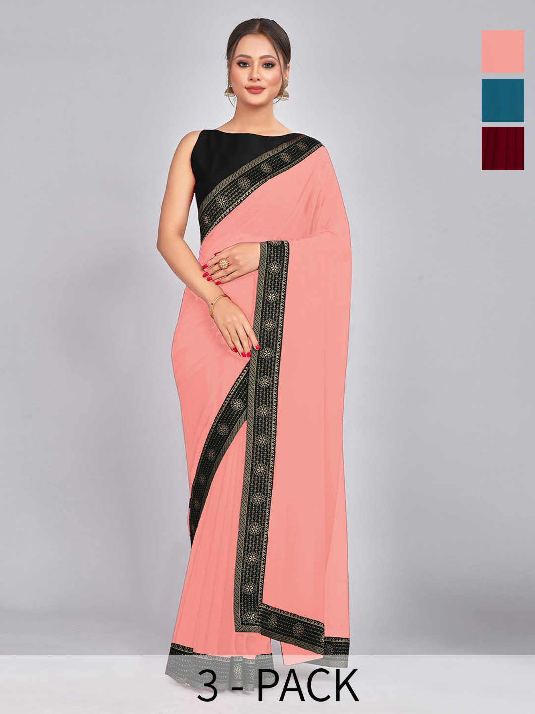 

CastilloFab Selection Of 3 Pure Georgette Saree, Maroon