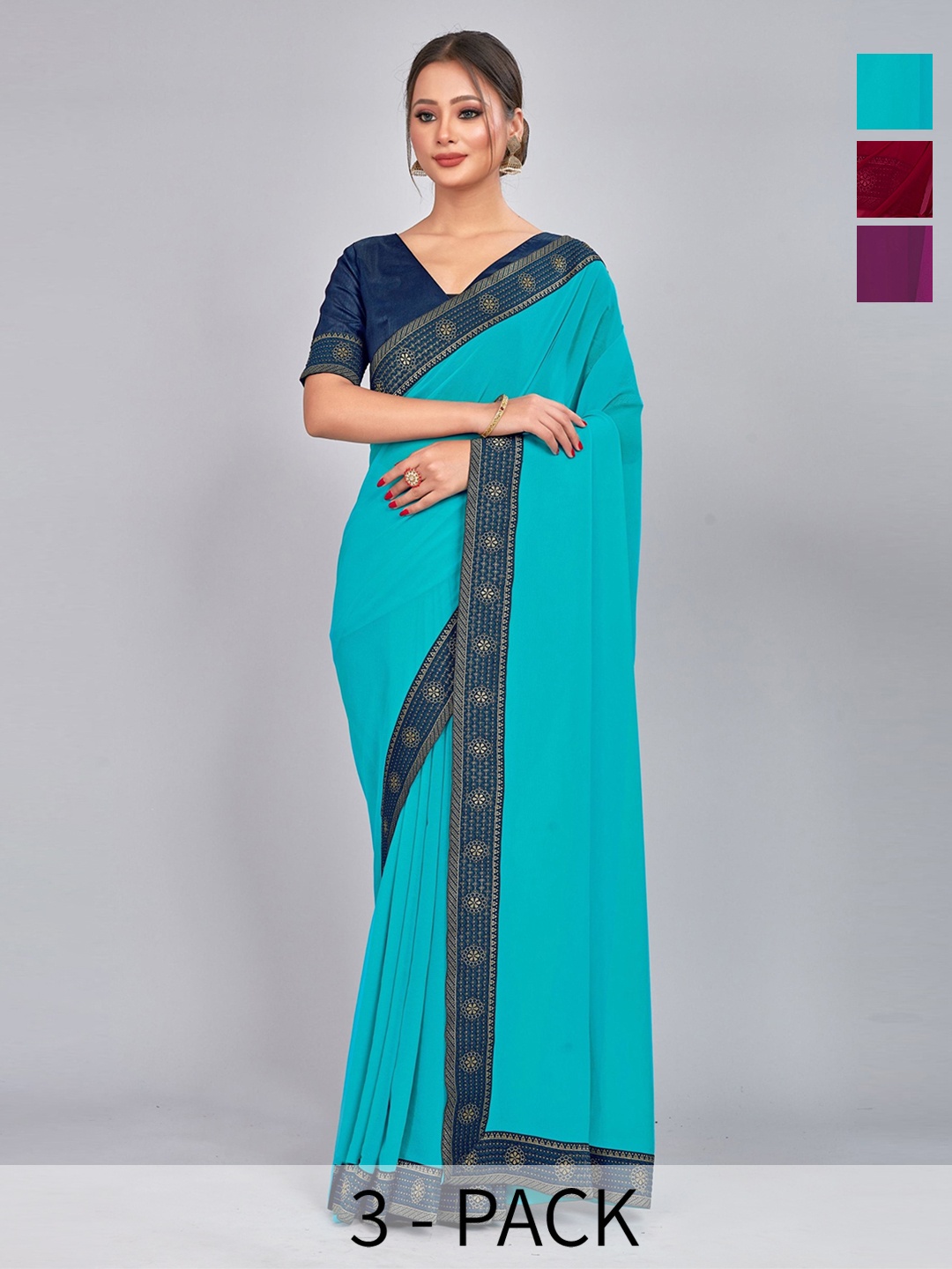 

CastilloFab Selection Of 3 Pure Georgette Sarees, Maroon