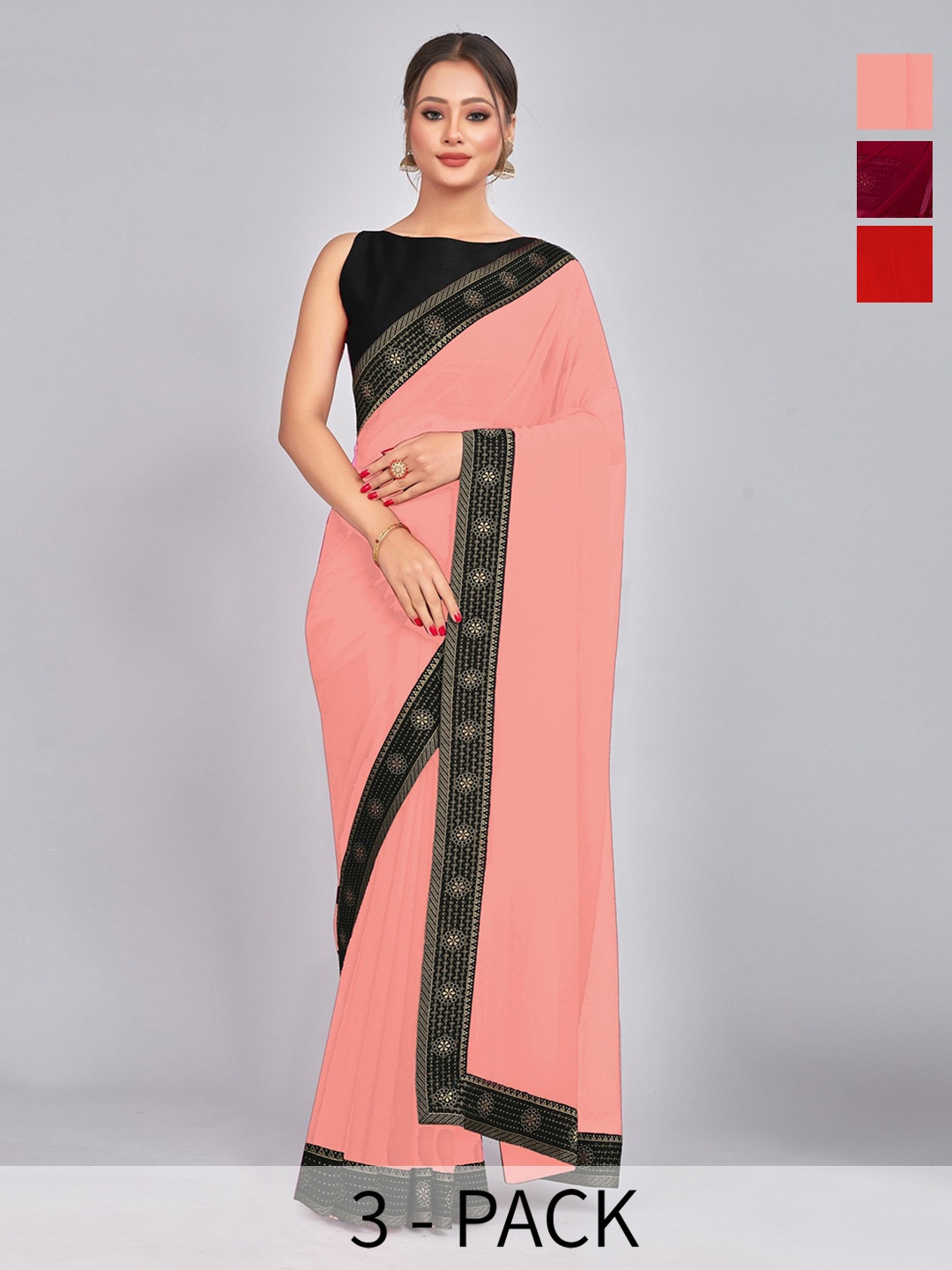 

CastilloFab Selection Of 3 Pure Georgette Sarees, Maroon