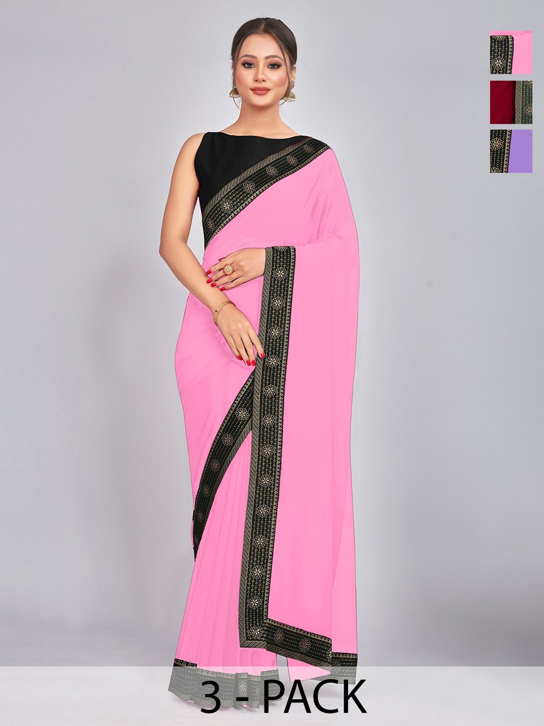 

CastilloFab Selection Of 3 Saree With Woven Design Border, Maroon