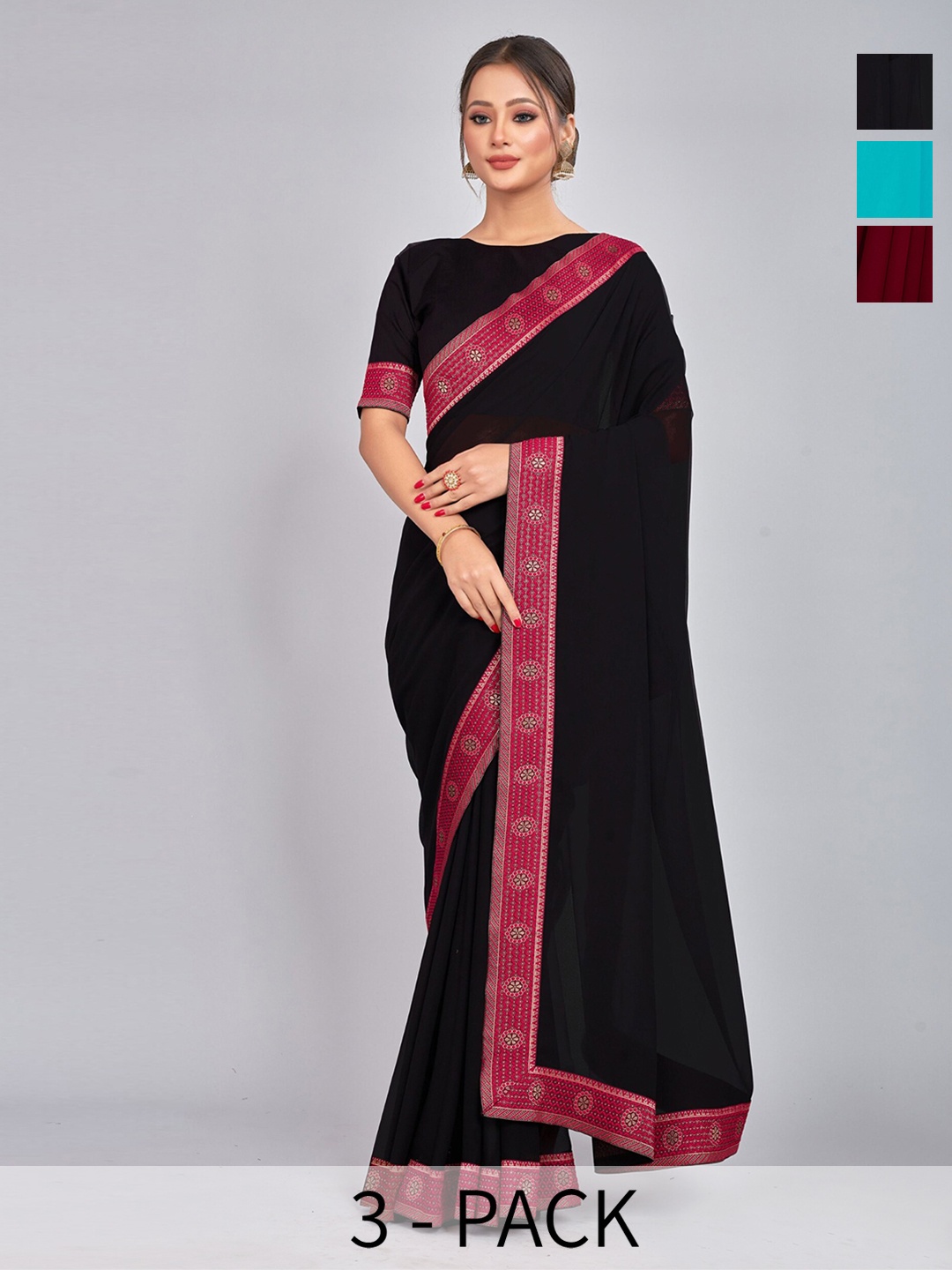 

CastilloFab Seleciton of 3 Pure Georgette Sarees, Maroon