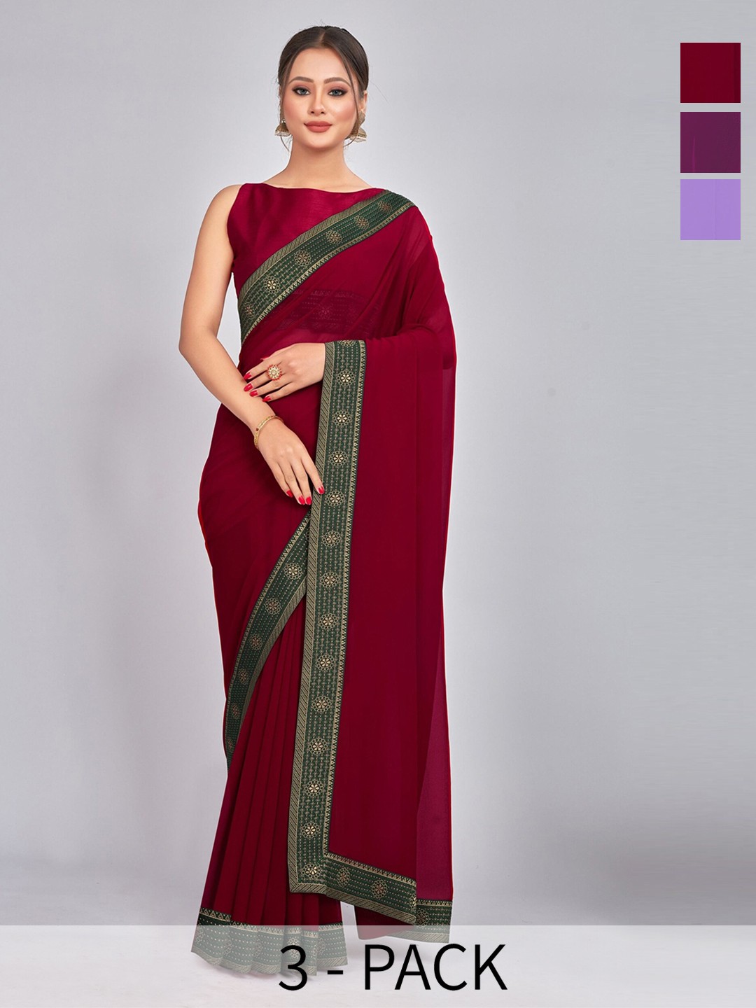 

CastilloFab Selection Of 3 Pure Georgette Sarees, Maroon