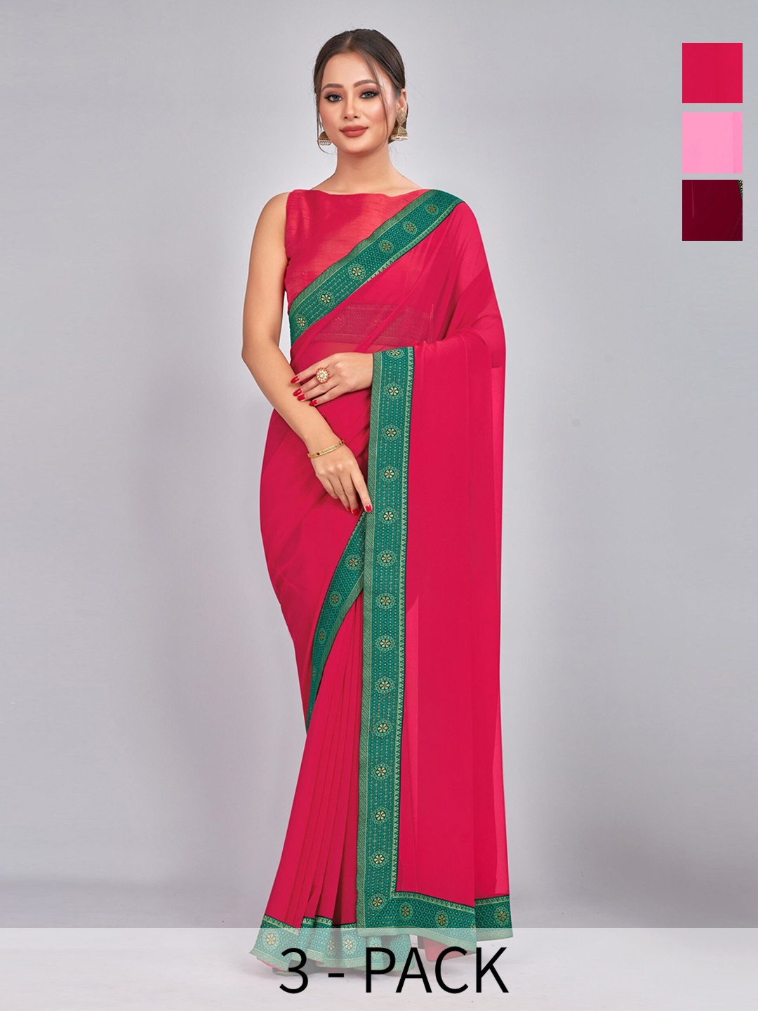 

CastilloFab Selection Of 3 Pure Georgette Sarees, Maroon