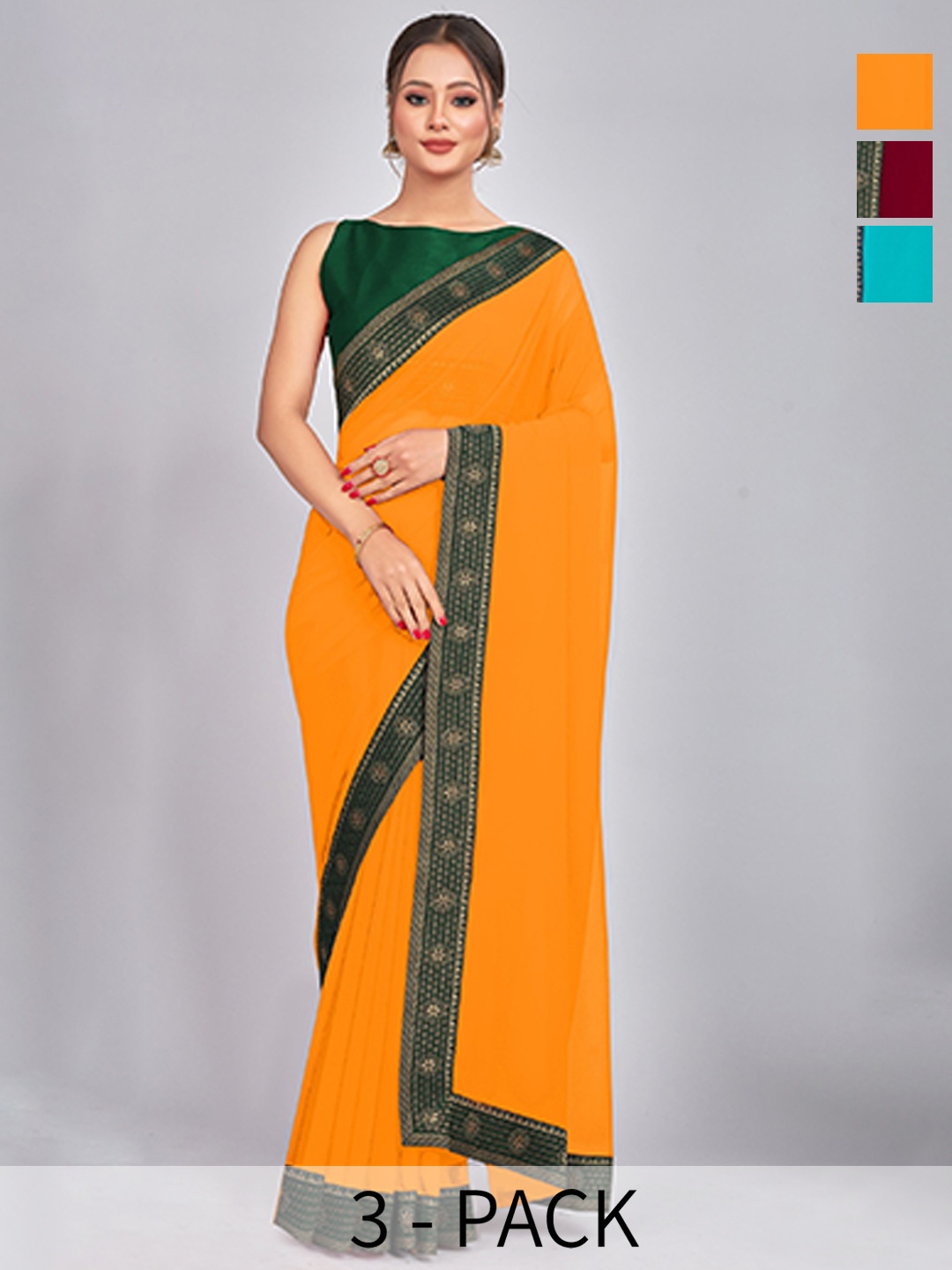 

CastilloFab Selection Of 3 Pure Georgette Sarees, Maroon