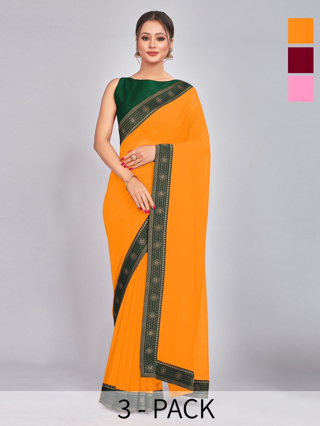 

CastilloFab Selection Of 3 Pure Georgette Sarees, Maroon