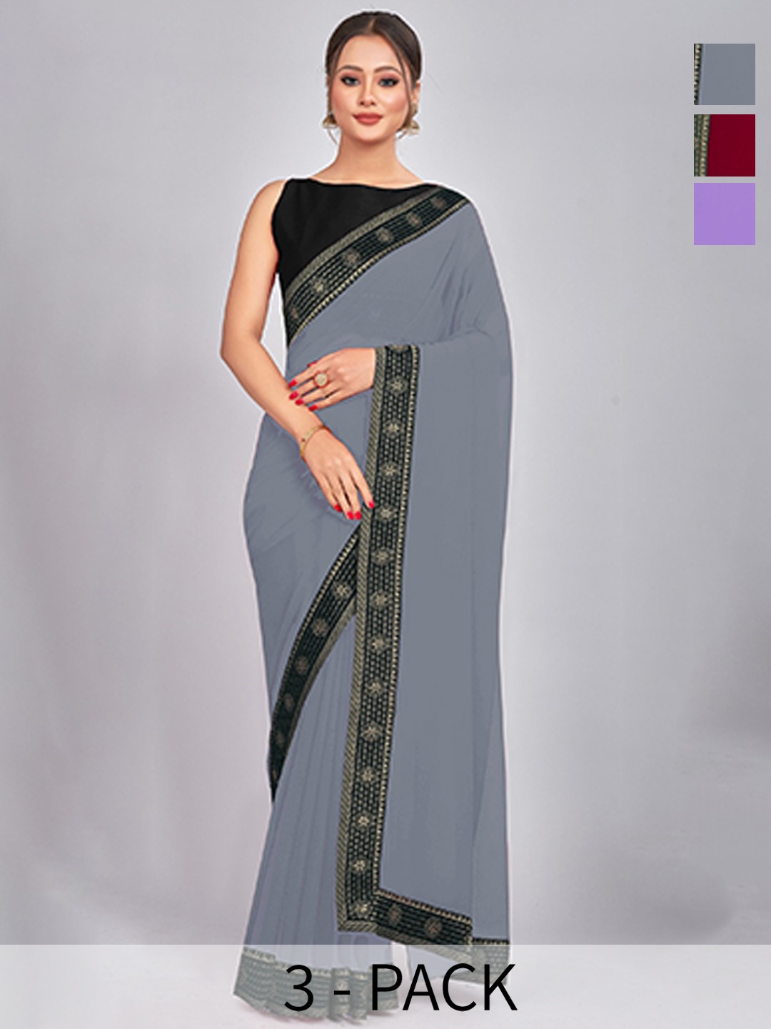 

CastilloFab Selection Of 3 Woven Design Pure Georgette Saree, Maroon