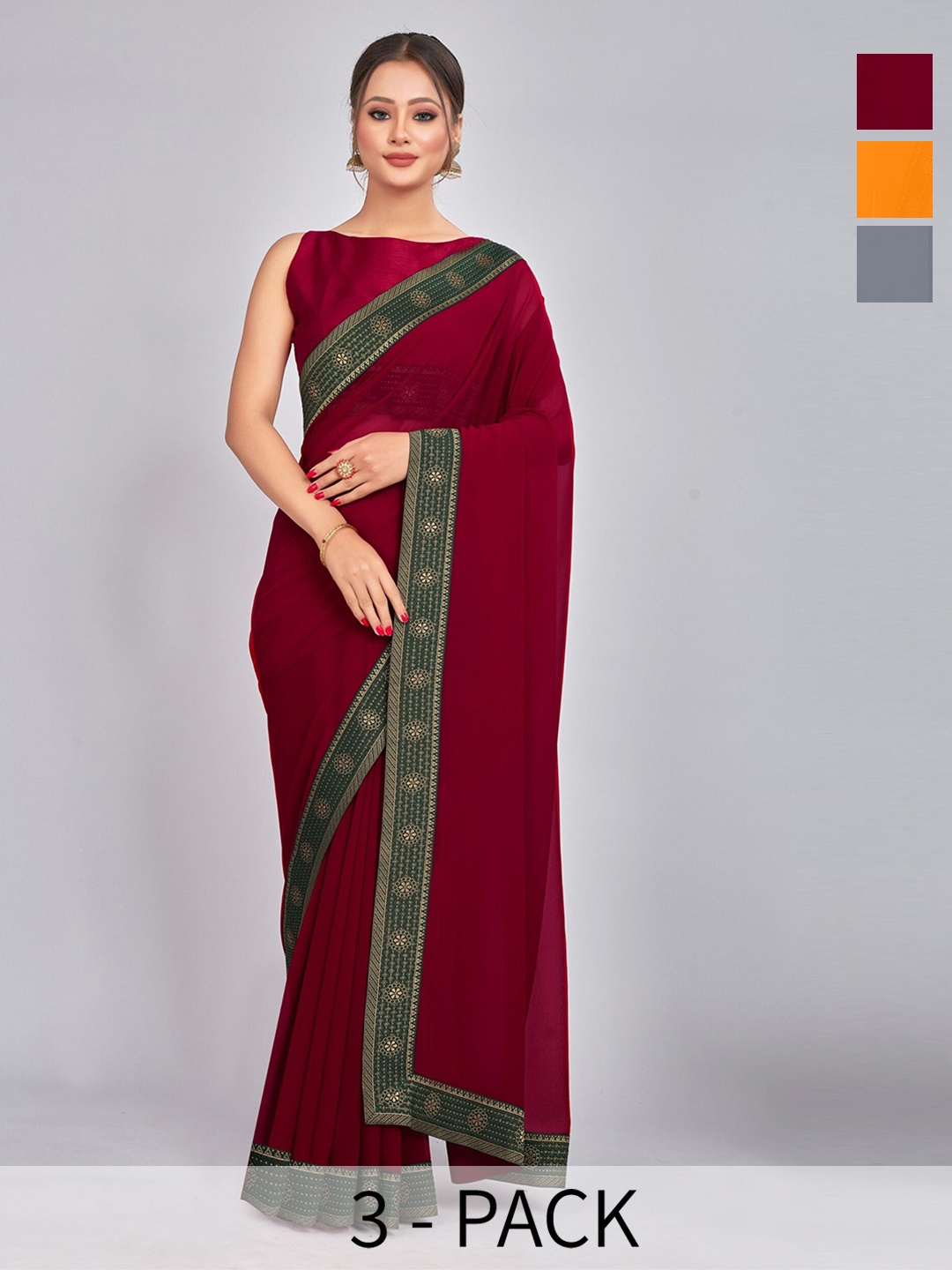 

CastilloFab Selection Of 3 Woven Design Pure Georgette Sarees, Maroon