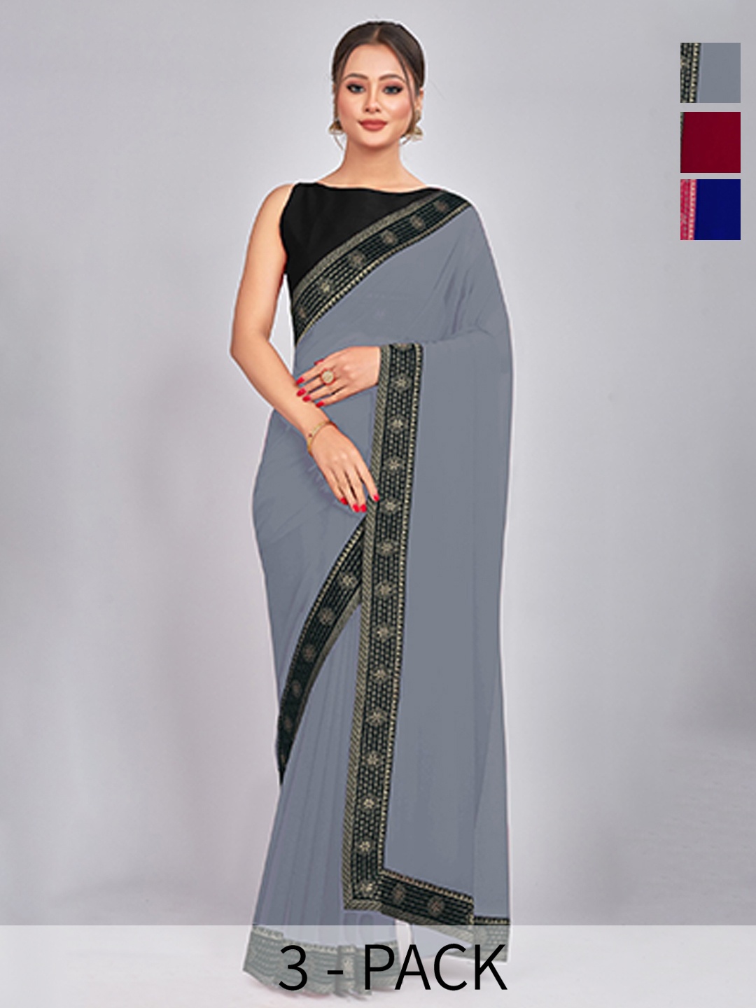 

CastilloFab Seleciton of 3 Pure Georgette Sarees, Maroon