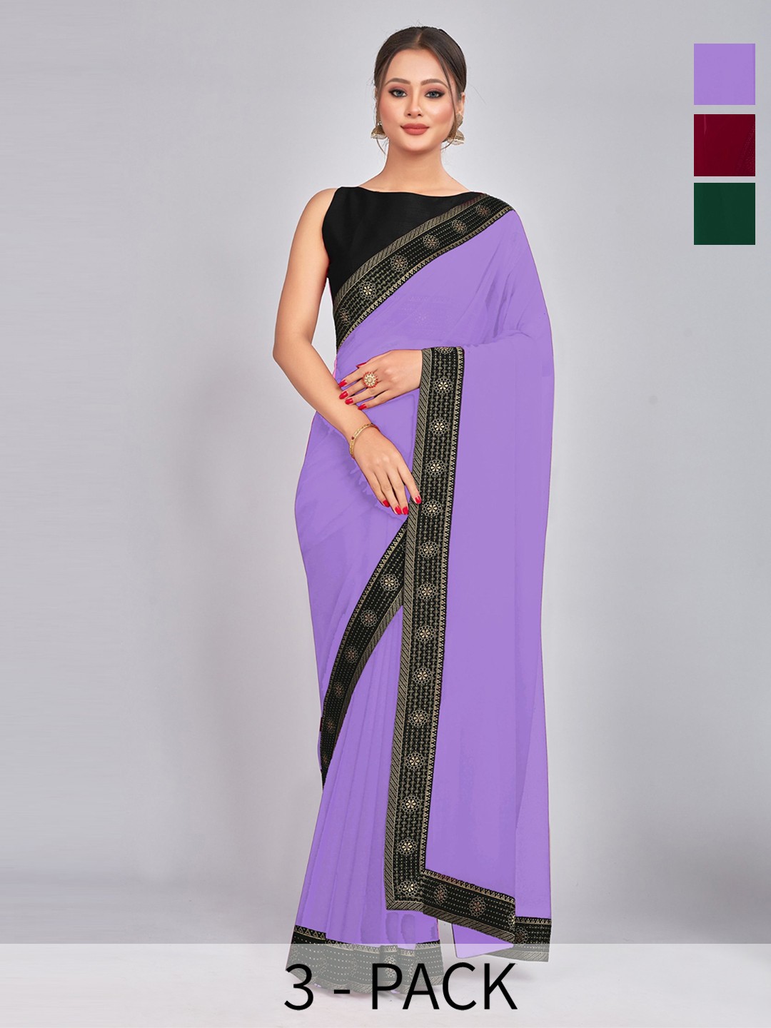 

CastilloFab Selection Of 3 Pure Georgette Sarees, Maroon