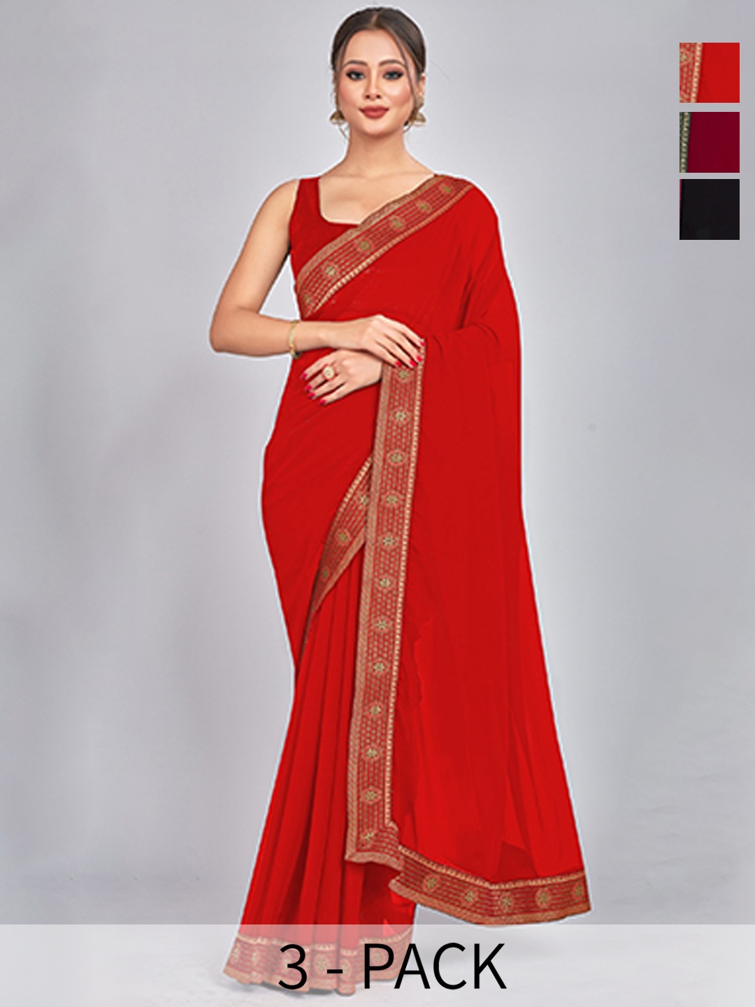 

CastilloFab Seleciton of 3 Pure Georgette Sarees, Maroon