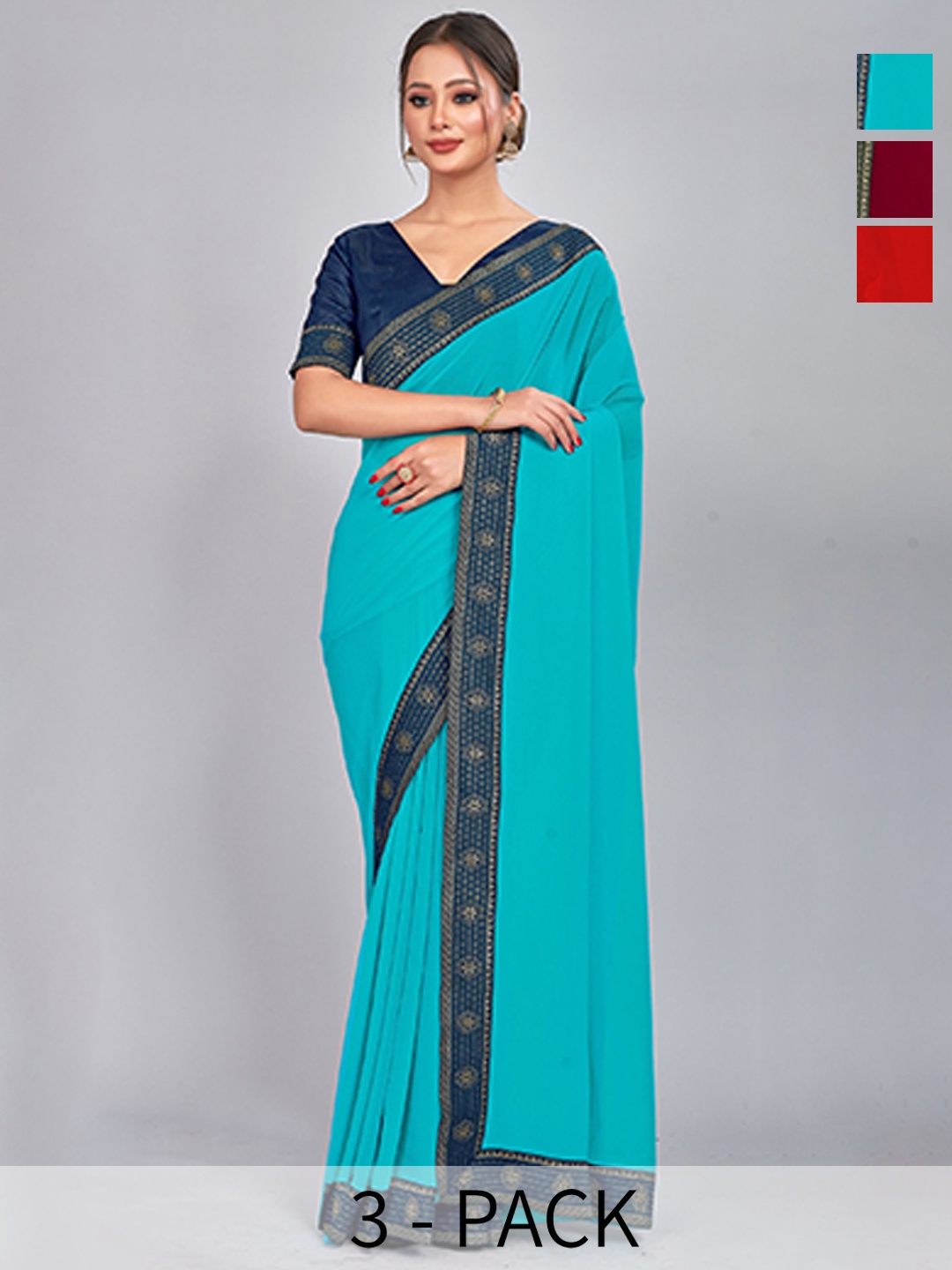 

CastilloFab Selection Of 3 Pure Georgette Sarees, Maroon