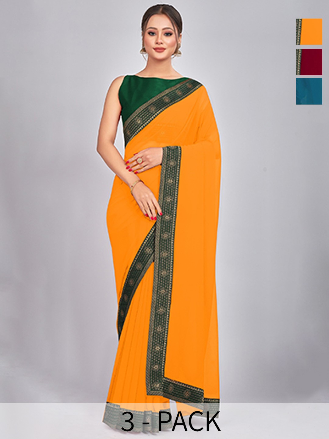 

CastilloFab Selection Of 3 Woven Design Pure Georgette Saree, Maroon