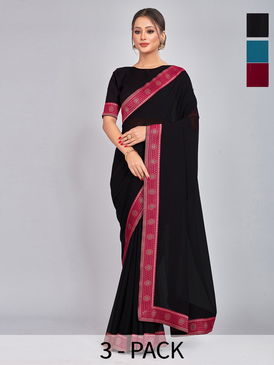 

CastilloFab Selection Of 3 Saree With Woven Design Border, Maroon