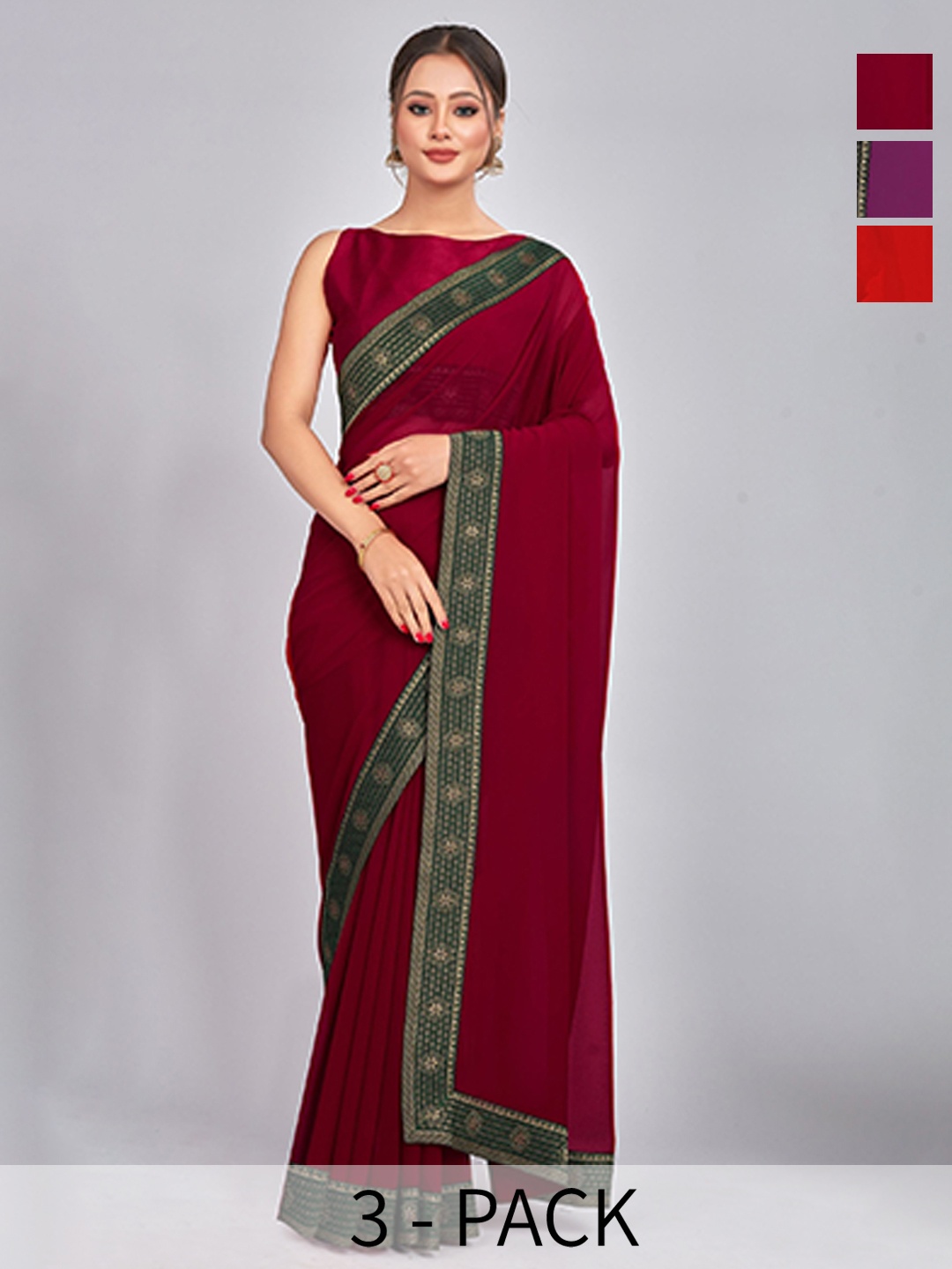 

CastilloFab Selection Of 3 Pure Georgette Sarees, Maroon