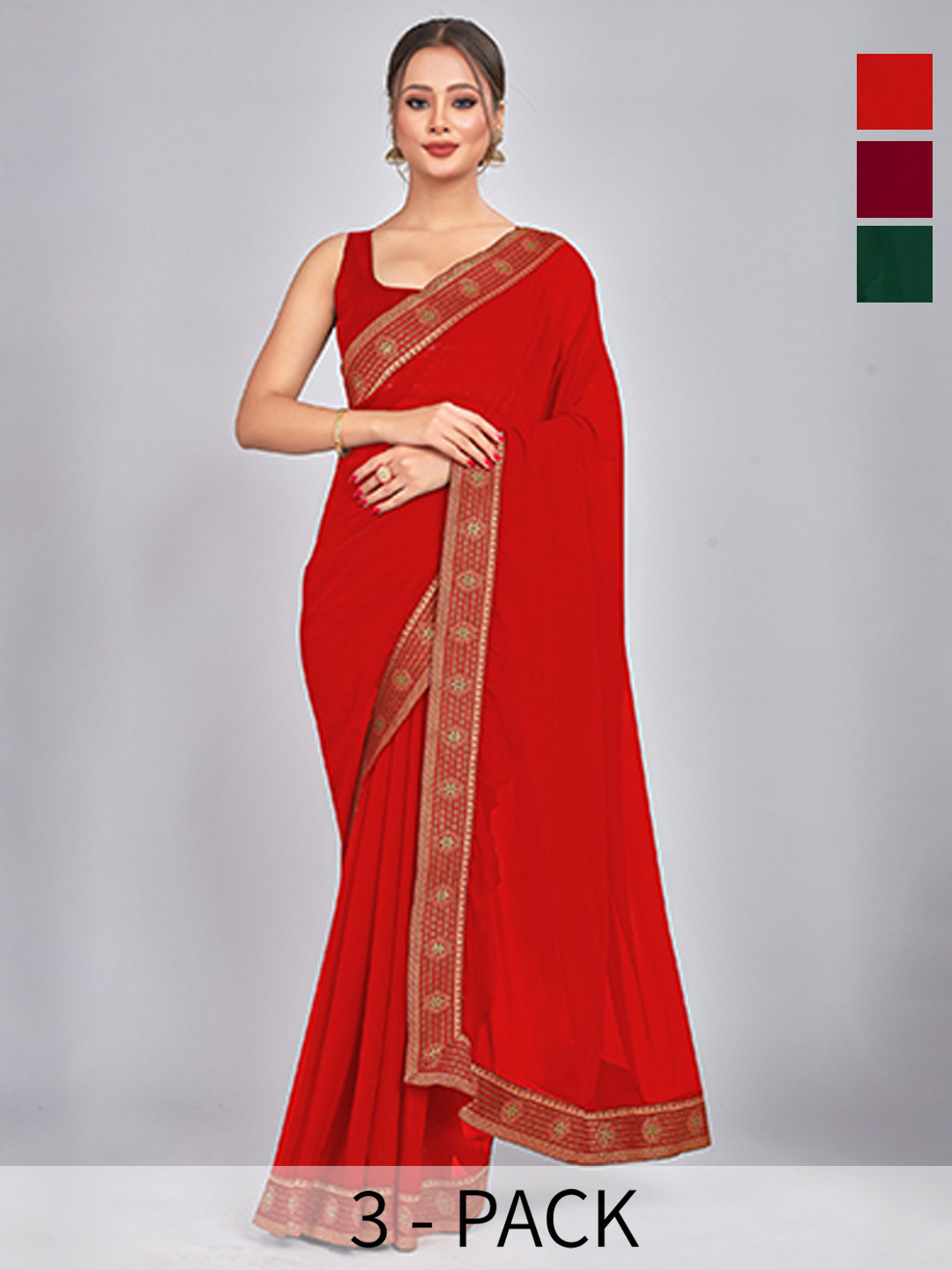 

CastilloFab Seleciton of 3 Pure Georgette Sarees, Maroon