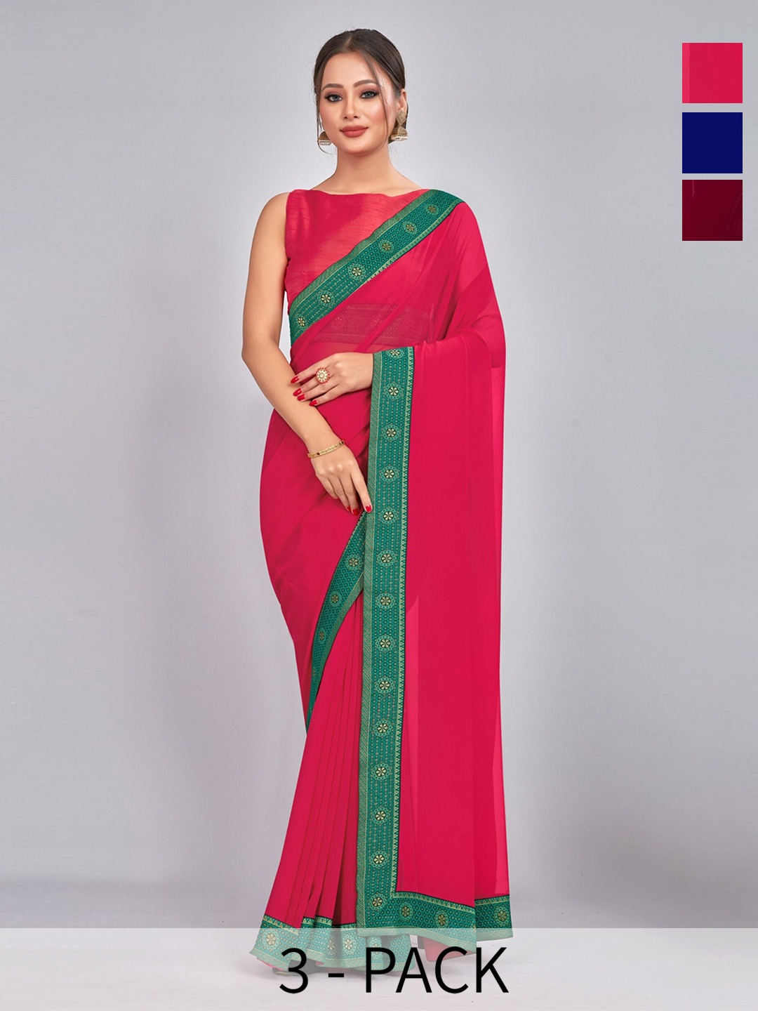

CastilloFab Selection Of 3 Pure Georgette Sarees, Maroon