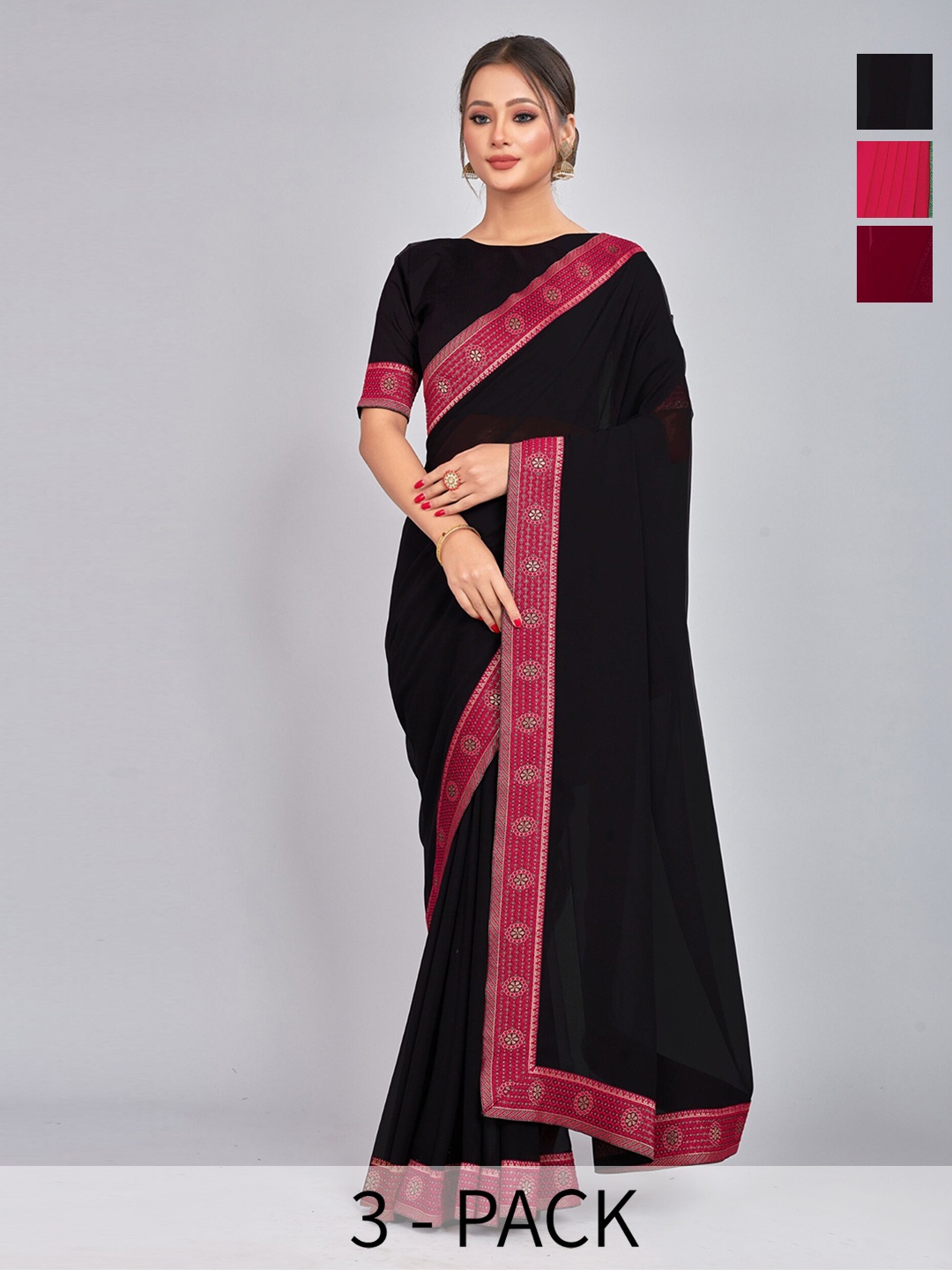 

CastilloFab Selection Of 3 Pure Georgette Sarees, Maroon