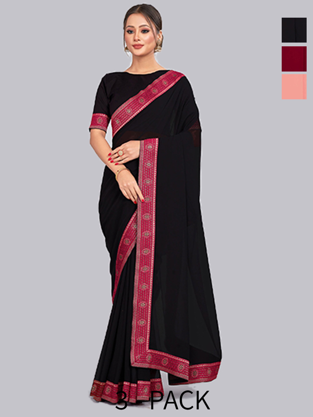 

CastilloFab Selection Of 3 Woven Design Pure Georgette Saree, Maroon