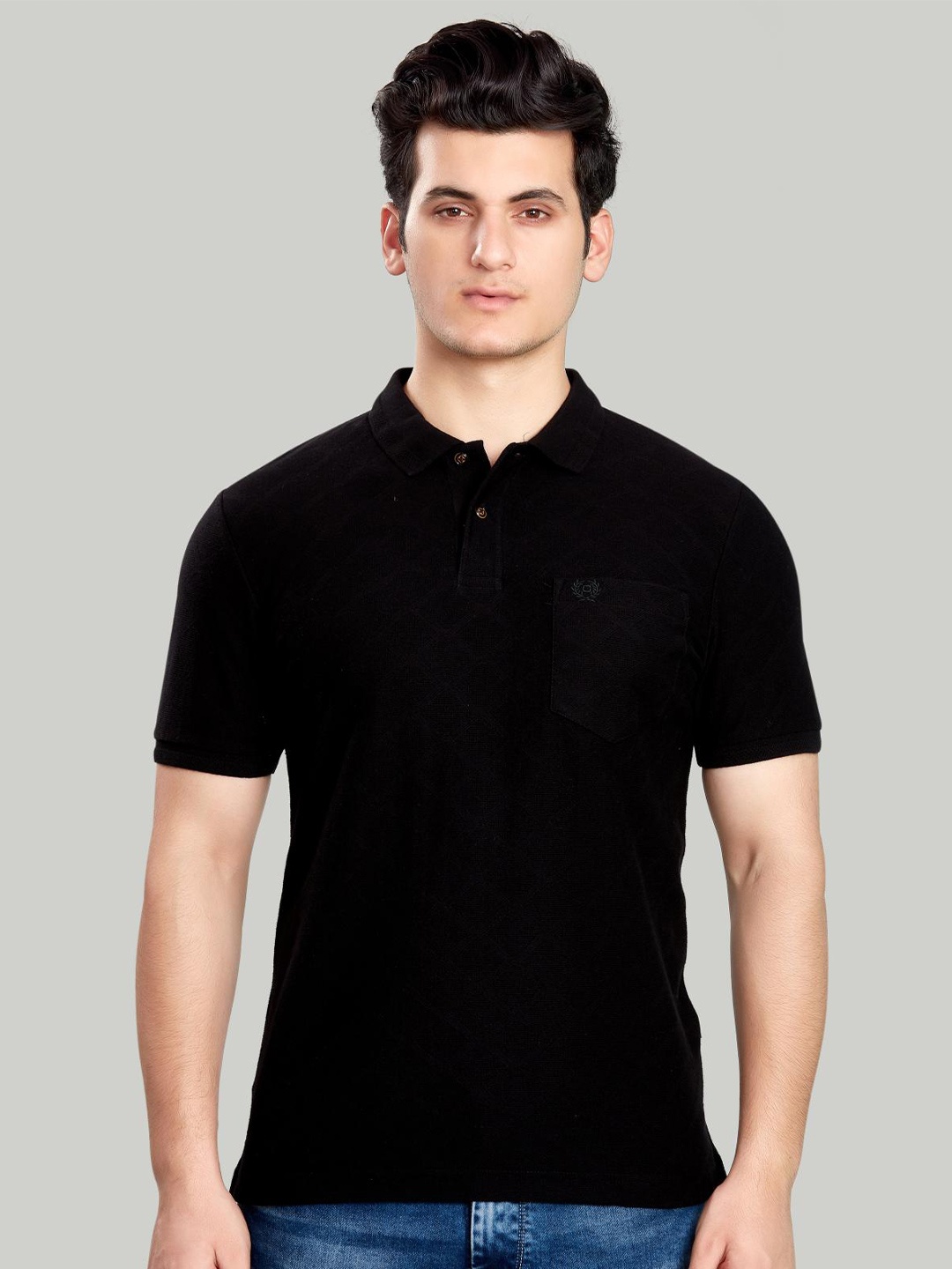 

CELSIUS Short Sleeves Polo collar Jacquard T-shirt, Black