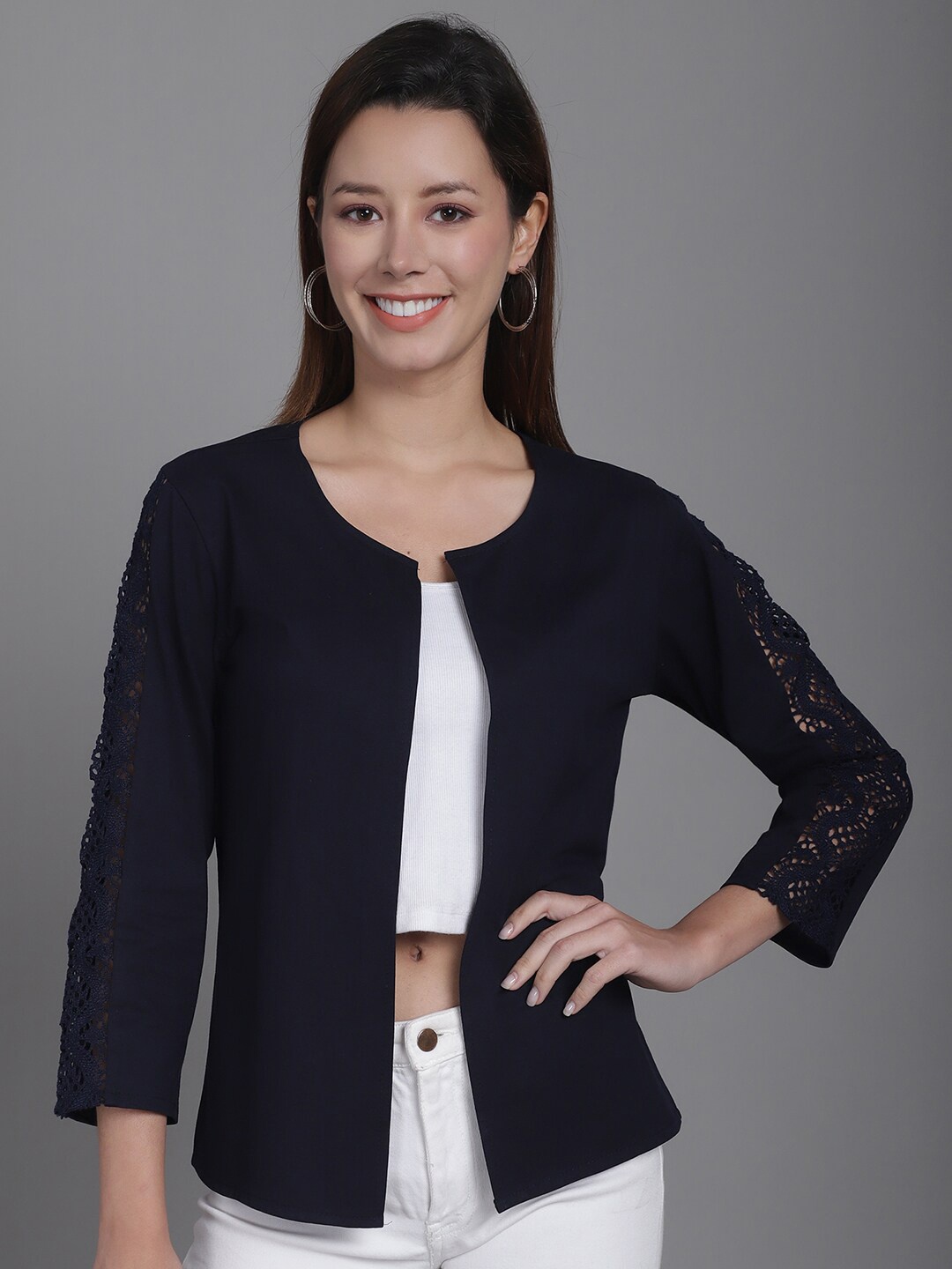 

urSense Self Design Laced Cotton Open Front Shrug, Navy blue