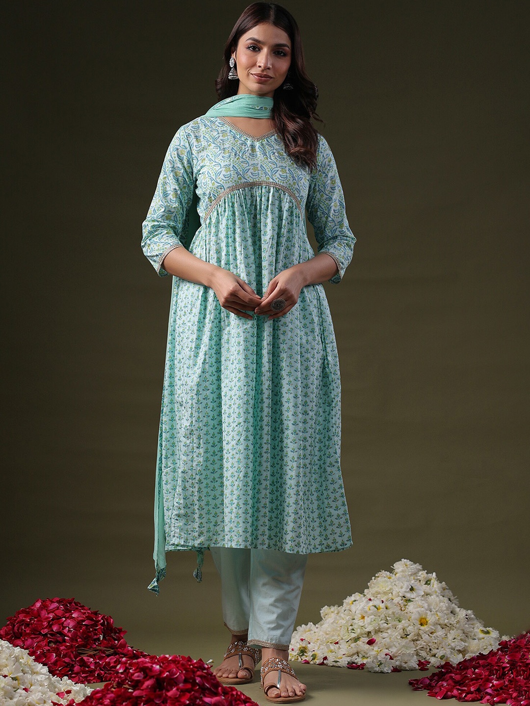 

Indo Era Floral Printed Empire Gotta Patti Pure Cotton Kurta With Trousers & Dupatta, Sea green